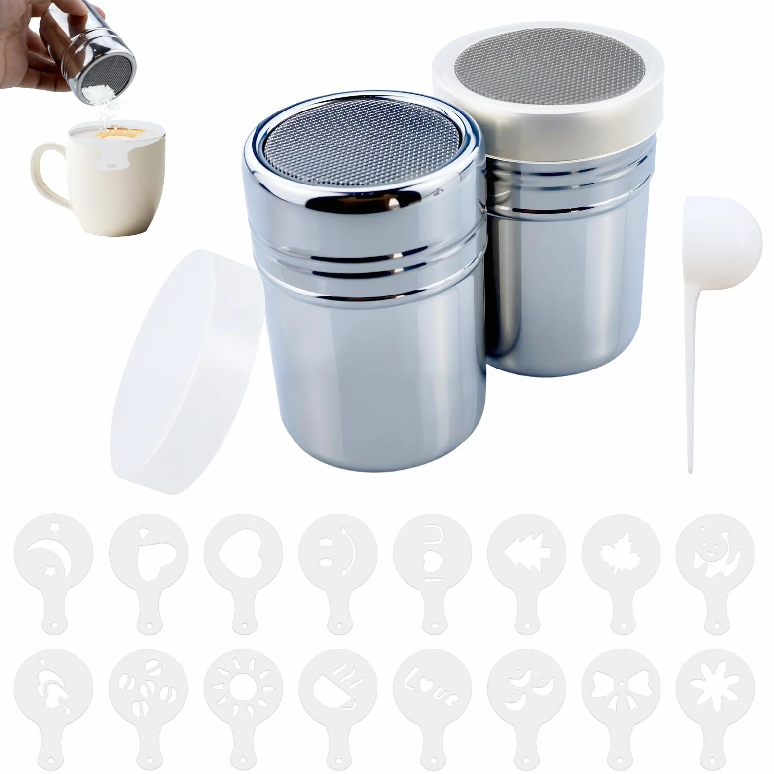 2spargitore in acciaio inox, coperchio macina zucchero, per cappuccino, polvere, colino zucchero, 16 stampi rilievo, cucchiaio dosatore