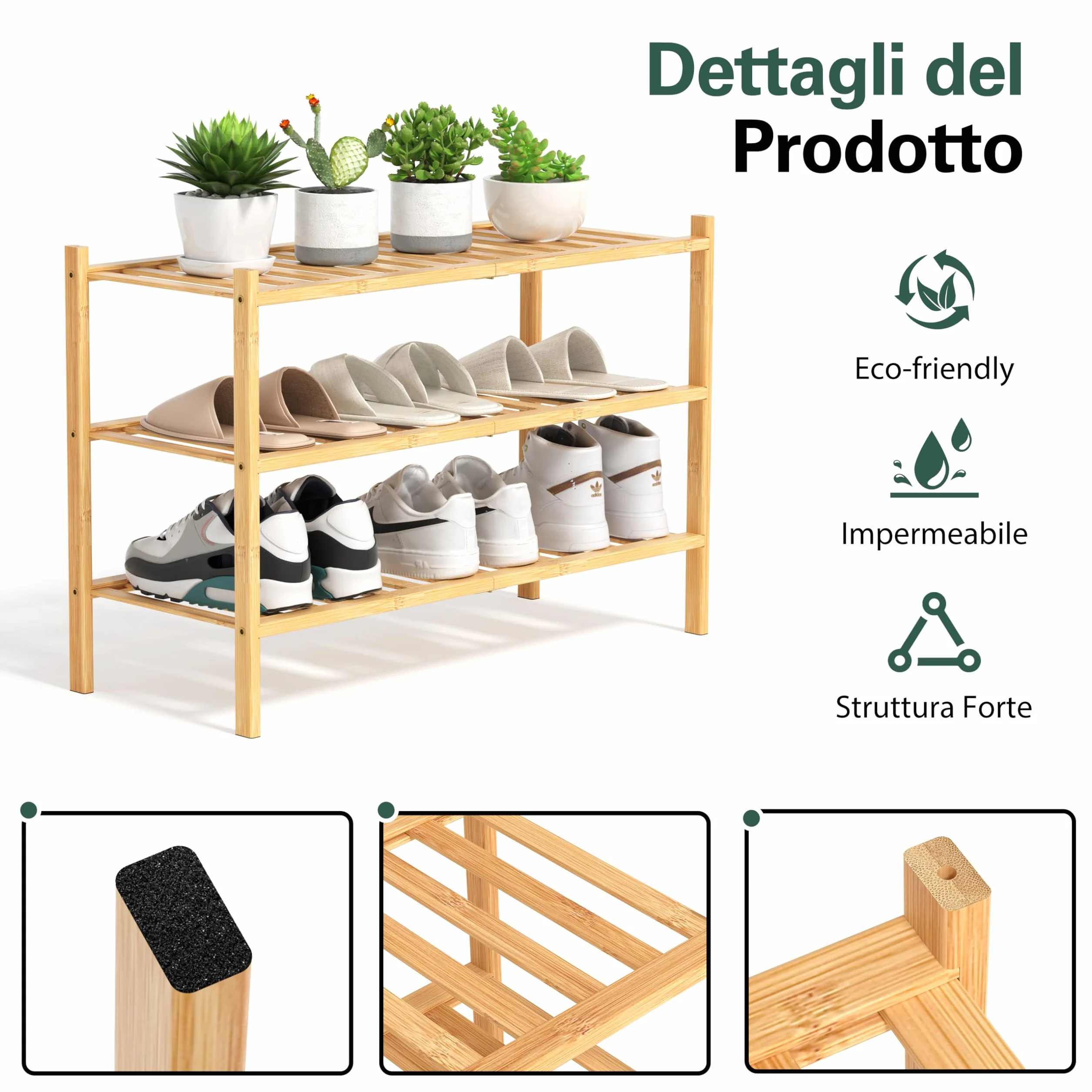 Scarpiera in Legno Bambù 3 Ripiani 68x28x46 cm Porta Scarpe Salvaspazio Ingresso Slim Verticale