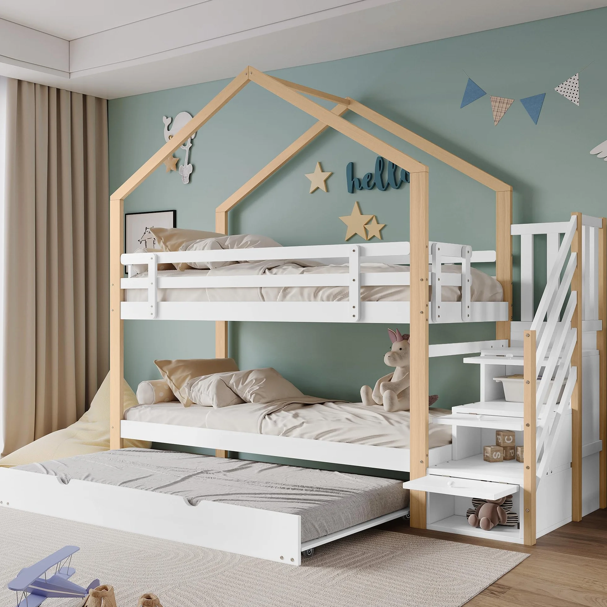 Rtopsu Letto per Bambini a Castello 90x200 cm con Letto Estraibile, Letto a Soppalco per Ragazzi con Scale e Contenitore Cassetti, Rete a Doghe in Legno, Bianco, Senza Materasso