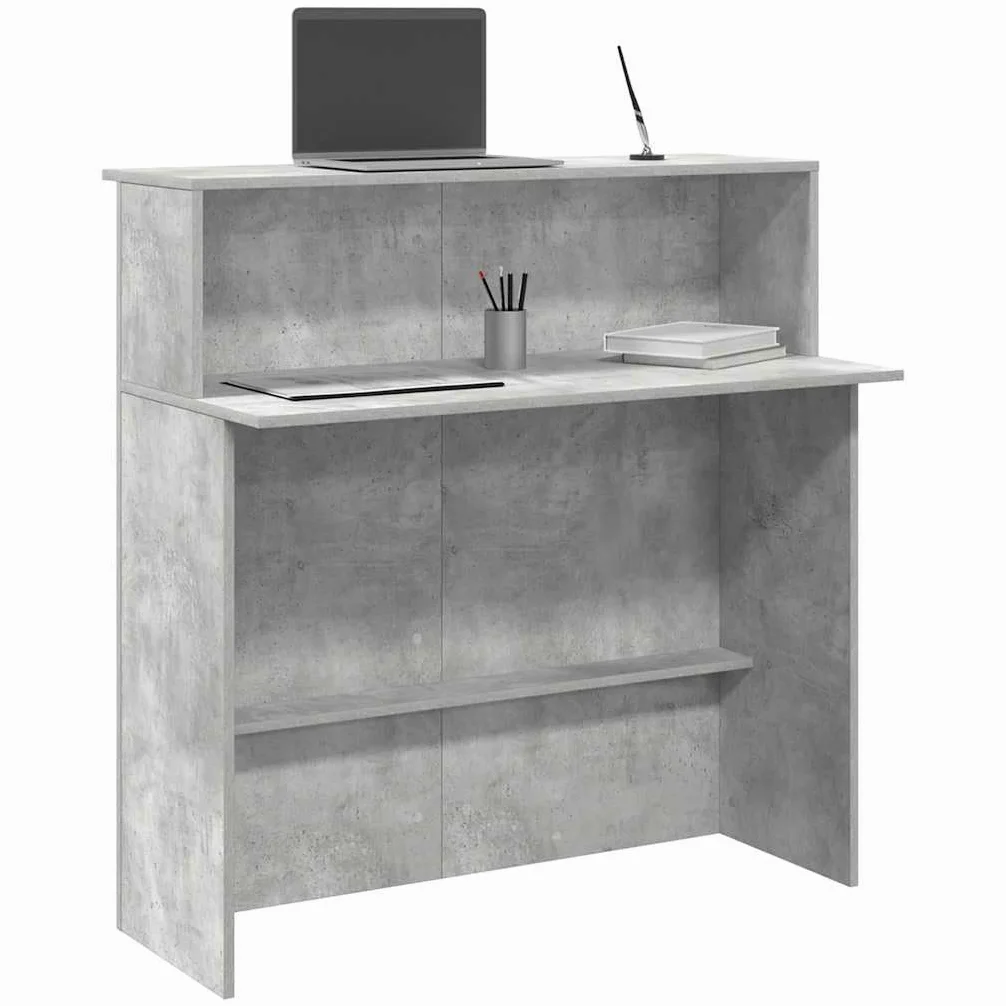 Bancone da ricevimento, in legno grigio cemento, 100 x 50 x 103,5 cm, con spazio e ripiano, scrivania versatile per ufficio, reception, postazione di lavoro e home office, struttura stabile con