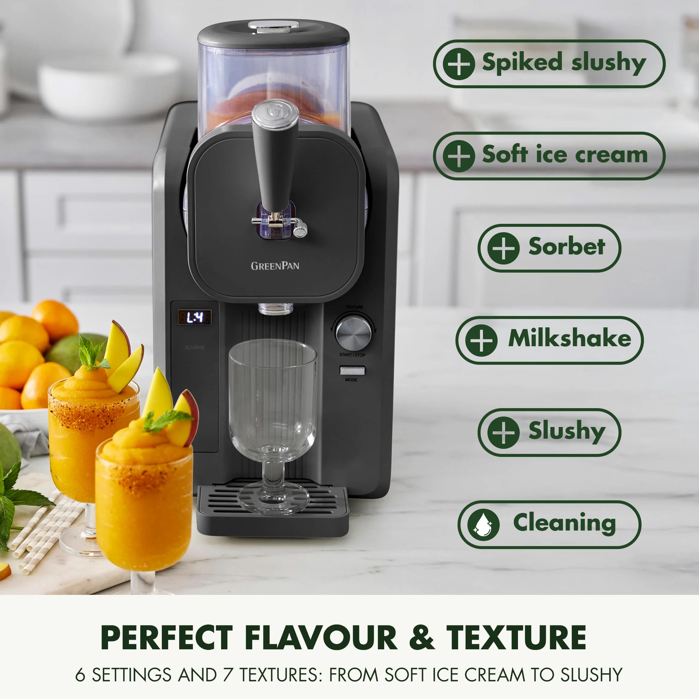 GreenPan Frost Gelatiera e Macchina Slushy, Gelato Soft Sorbetti Milkshake Frozen Yogurt, Senza Precongelamento, Pronta in 15 Min, 15-in-1, 6 Modalità, 7 Texture, Autopulente, Bianco