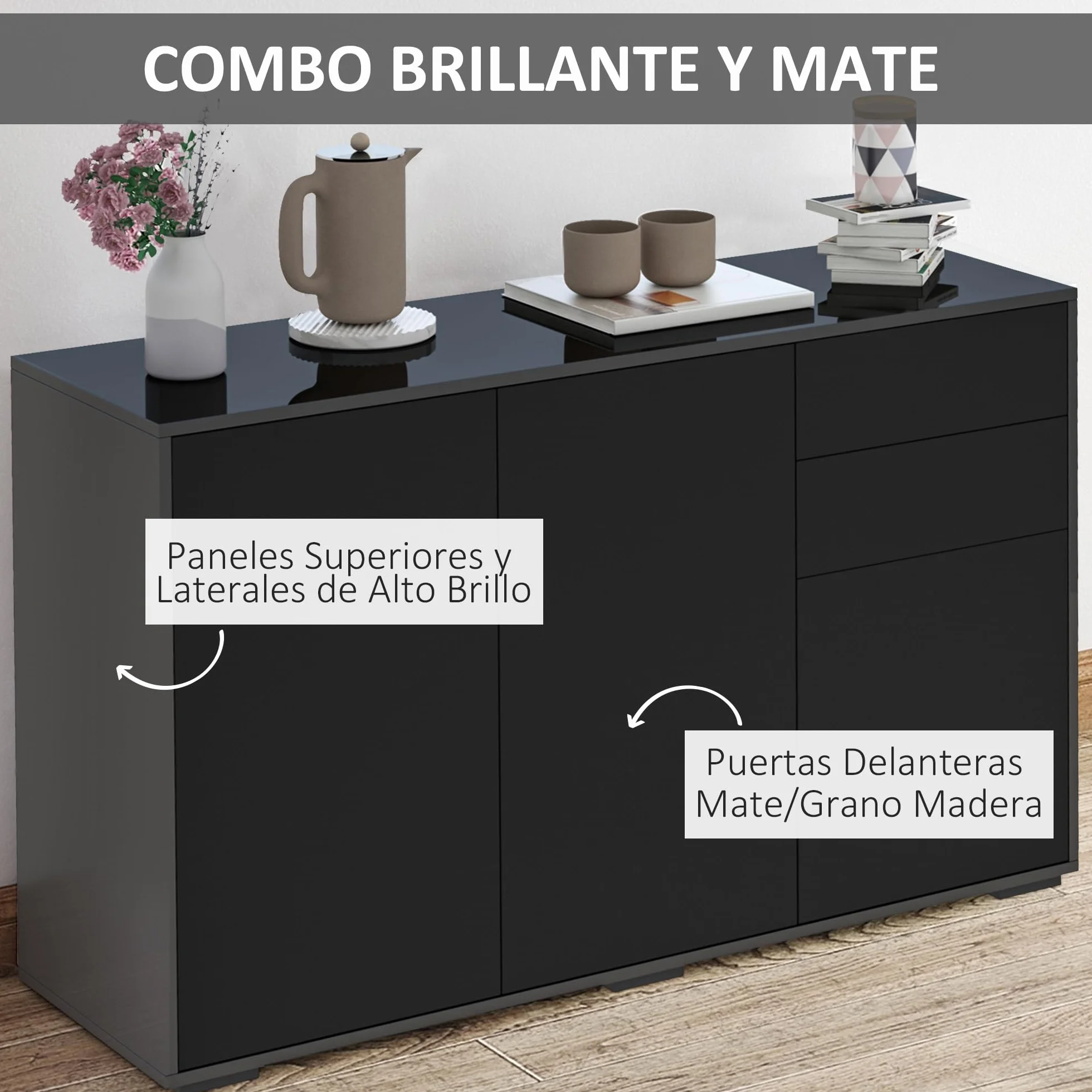 HOMCOM Mobiletto Multiuso Nero con 2 Cassetti e 2 Armadietti ad Apertura a Pressione, 117x36x74cm
