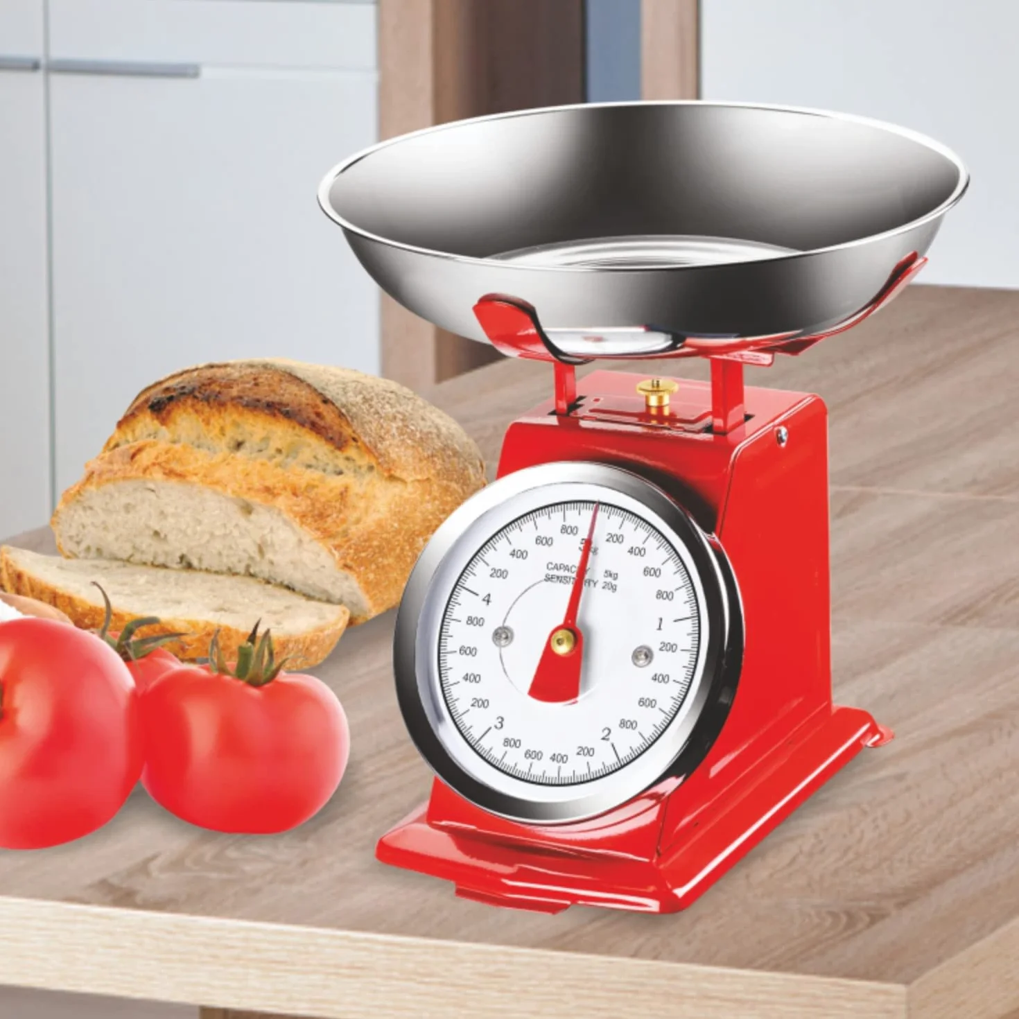 Bilancia da Cucina in Ferro con Vassoio in Acciaio Modello Atlas 5 Kg Rosso Pratiko Life
