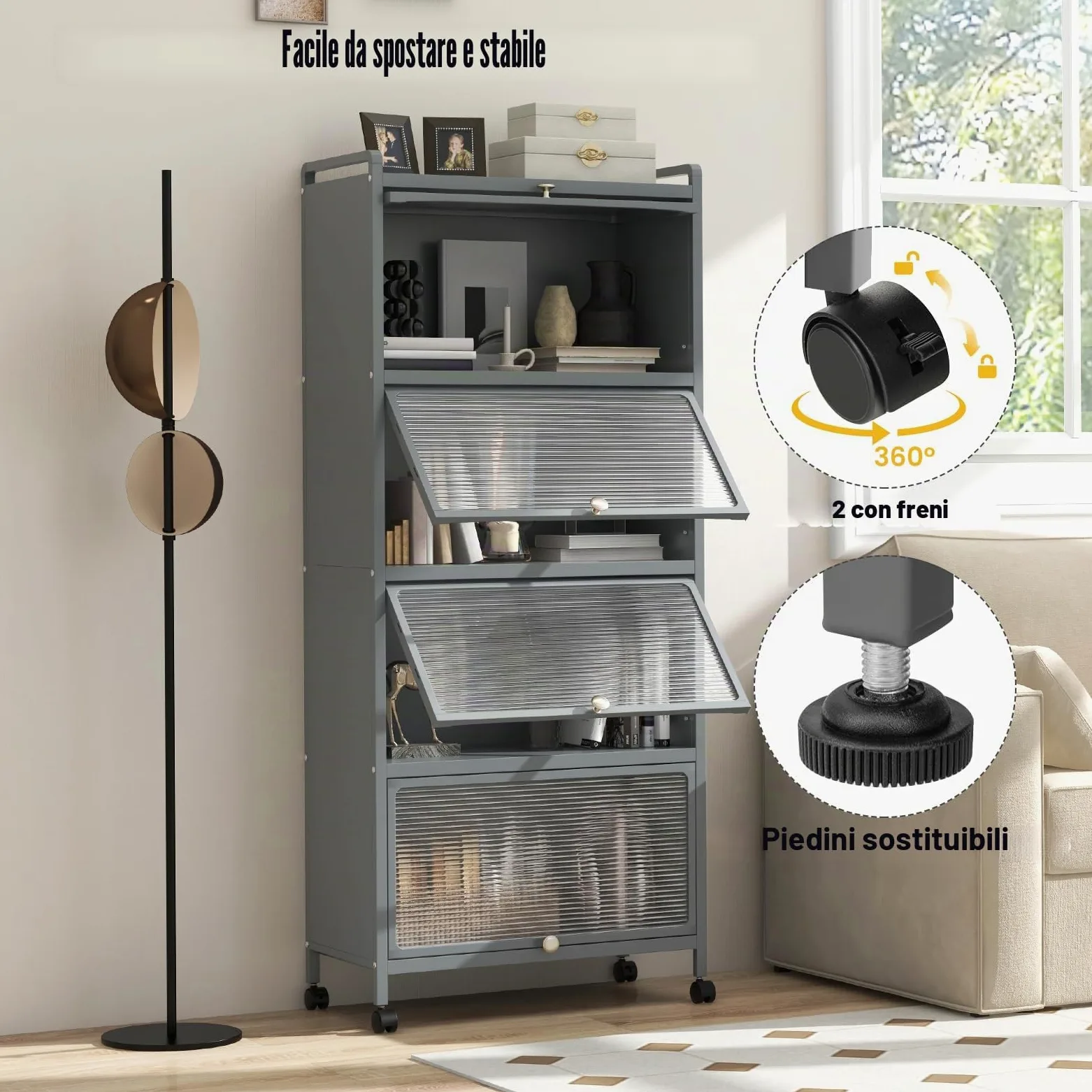 KOMFOTTEU Mobile Dispensa Cucina a 5 Livelli, Mensola Microonde con Anta a Vista, Ruote, Dispositivo Antiribaltamento, Scaffale da Cucina in Ferro per Soggiorno, Sala da Pranzo, 60x32x154cm (Grigio)