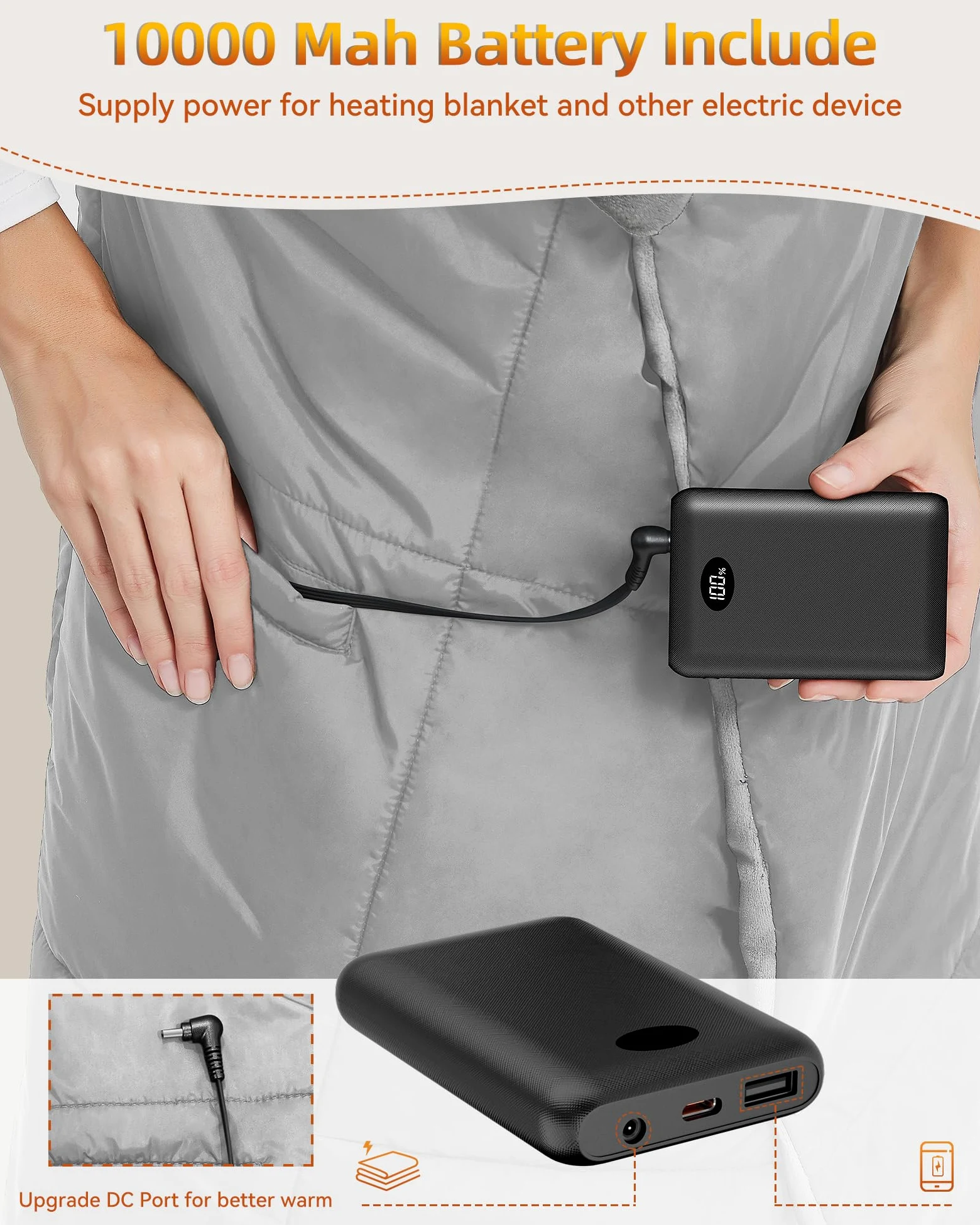Fernida Coperta elettrica senza fili con batteria da 7,4 V, per uomo e donna, cuscino termico elettrico, portatile, scaldacollo, per casa, ufficio, viaggi, escursioni, grigio