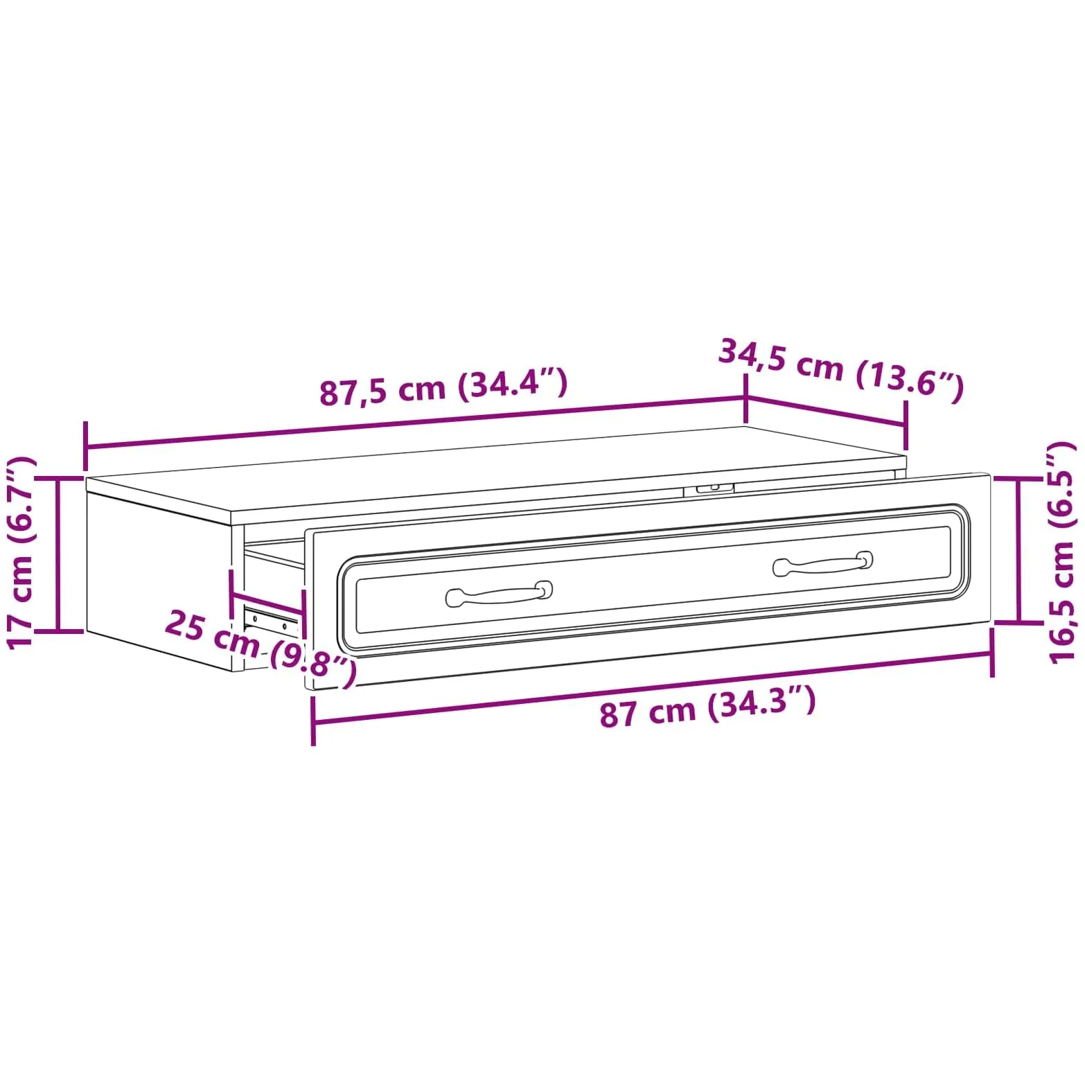 Tavolino da parete grigio cemento, 87,5 x 34,5 x 17 cm, in legno con cassetto e scomparto chiudibile, organizer per ufficio, soggiorno, corridoio, garage