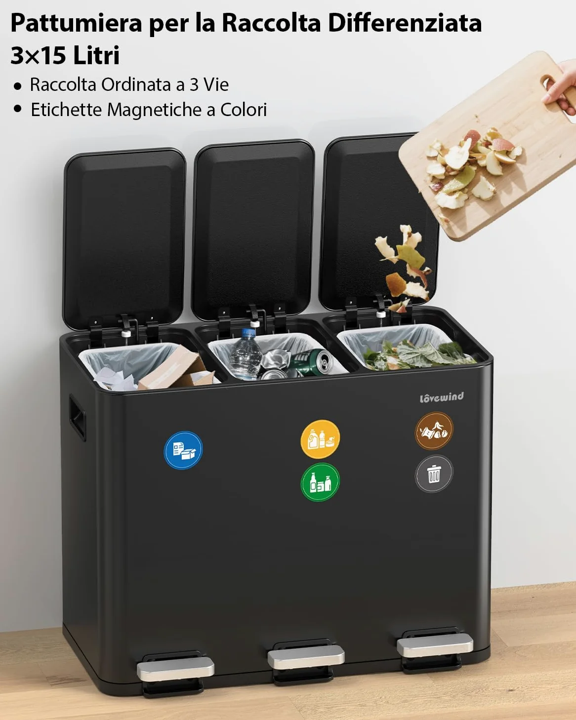 lovewind Kitchen Bin, 3 X 15 L Bidone Di Riciclaggio, Pattumiera 3 Scomparti Per Riciclo E Rifiuti, Etichette Magnetiche Incluse, Coperchi Soft-Close, Pedali, Secchi Interni, Acciaio, Nero