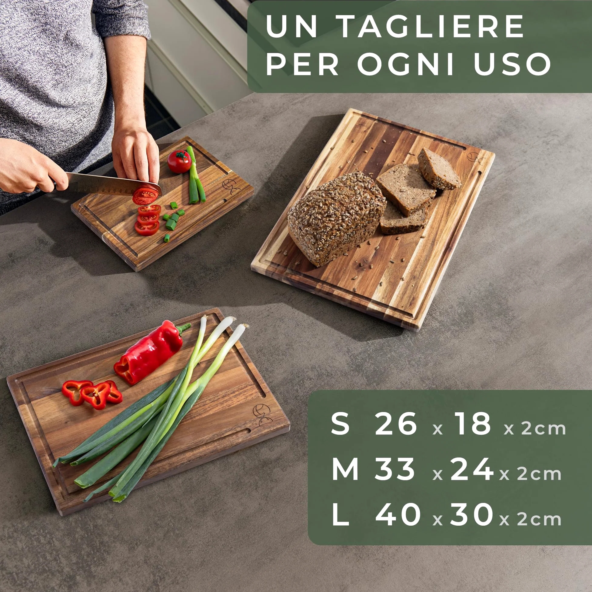 WALDWERK Set di 3 taglieri (40x30 / 33x24 / 26x18 cm) in massiccio legno di acacia - Tagliere da cucina con supporto - Taglieri legno spessi 2 cm con canalina per il succo