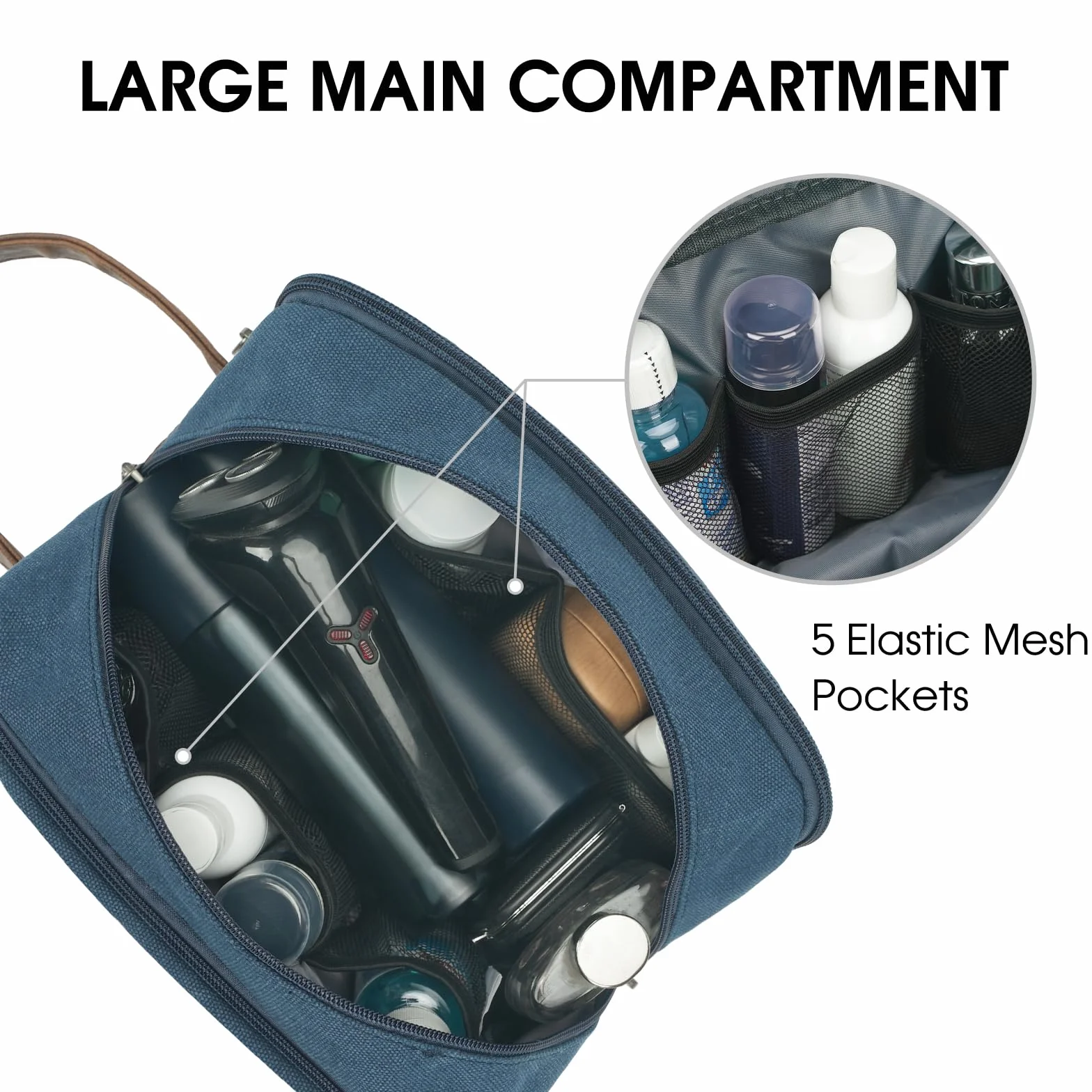 WANDF Beauty Case Uomo da Viaggio – Borsa da Toilette Impermeabile Organizer Capiente per Accessori da Barba e Igiene, con Manico Laterale (Blu)