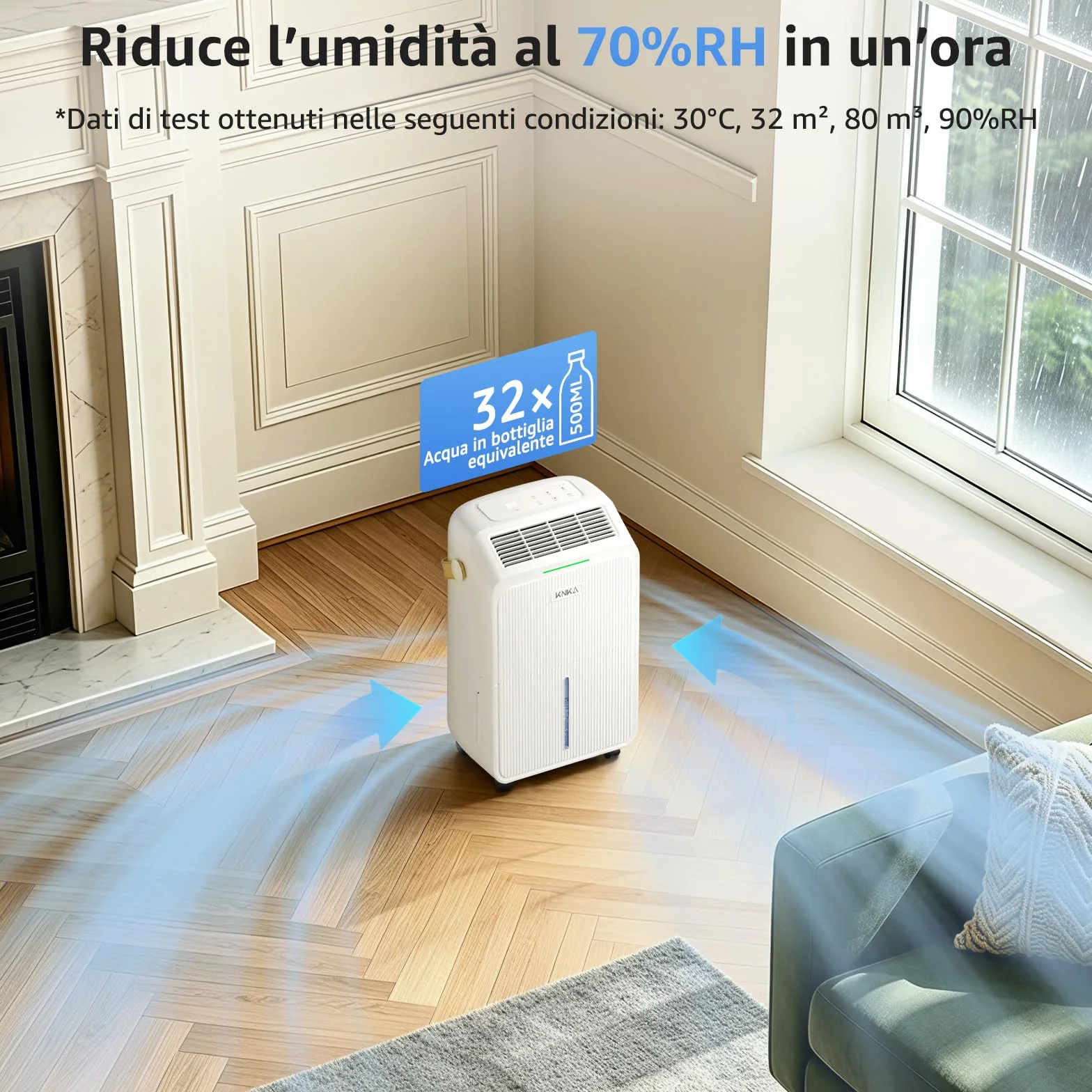KNKA Deumidificatore, Deumidificatori Casa Muffa, 16L/24H, Serbatoio 3,3L, Basso Rumore, Basso Consumo, Sbrinamento Automatico, Blocco Bambini, Design Anti-Goccia, 4 Modalità, 80m³（32㎡）