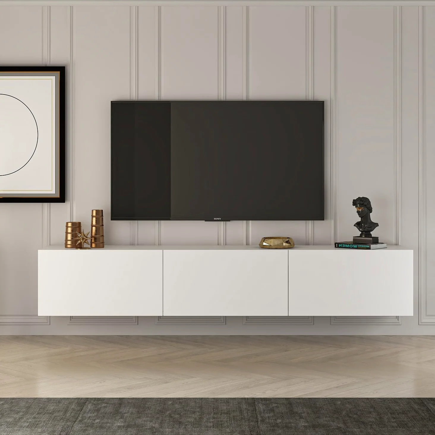 Hanah Home Elegante supporto per TV, 150 cm x 30 cm x 32 cm, 100% melamina rivestito in melamina, design moderno per spazi viventi e intrattenimento