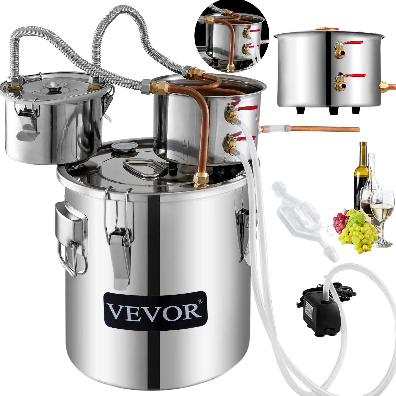VEVOR La Caldaia per Acqua Distillata con Pompa,Doppi Fusti,8Gal,La Caldaia per Acqua al Chiaro di Luna,Distillatore d'Acqua Alcolica,Distillazione del Vino 8GAL,in Acciaio e Rame Rosso