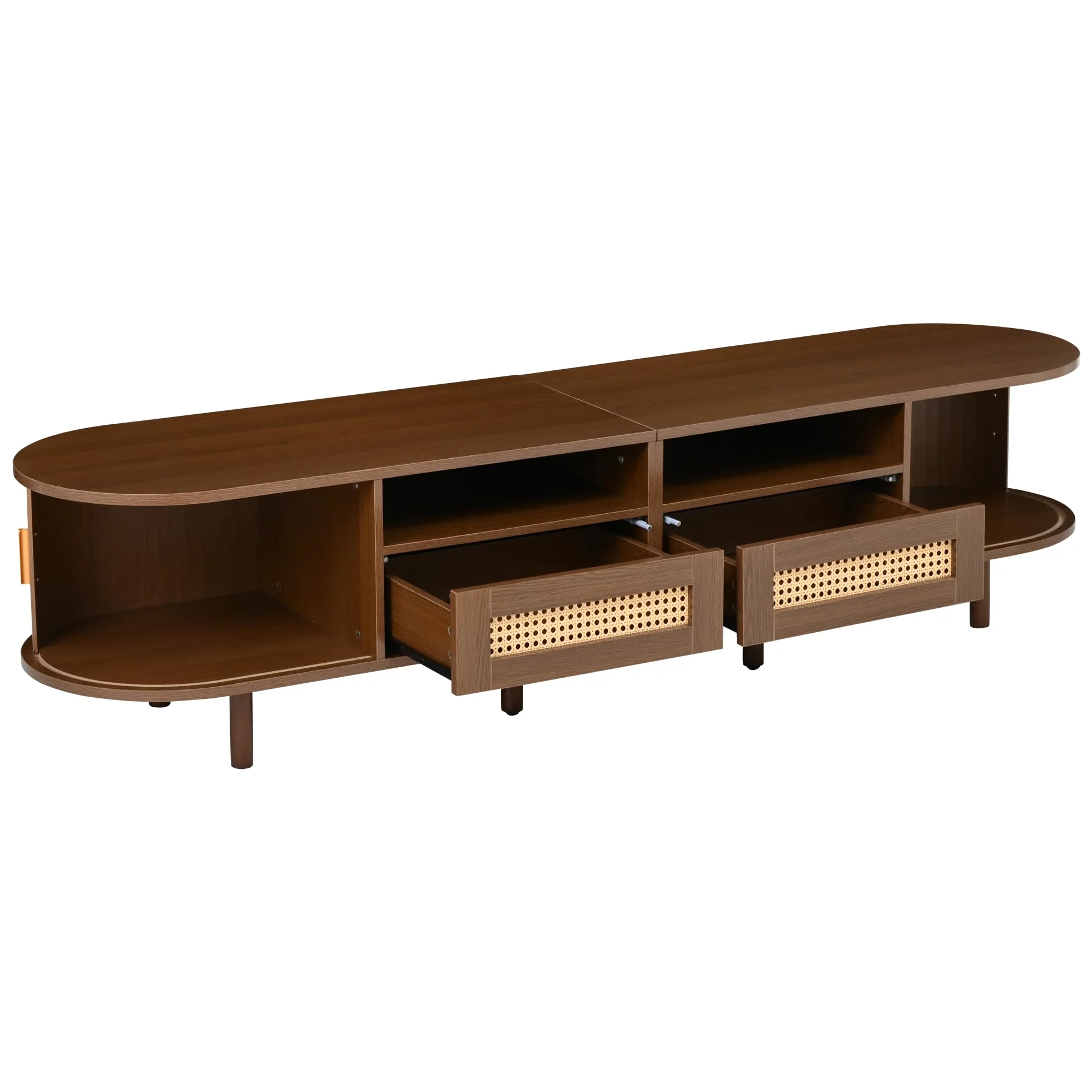 SACOOL Supporto per TV ovale e tavolo per TV, 170 x 40 x 40 cm, mobile TV con 2 cassetti design in rattan, 2 ante scorrevoli, lowboard fino a 70 pollici, tavola TV e cassettiera TV, noce