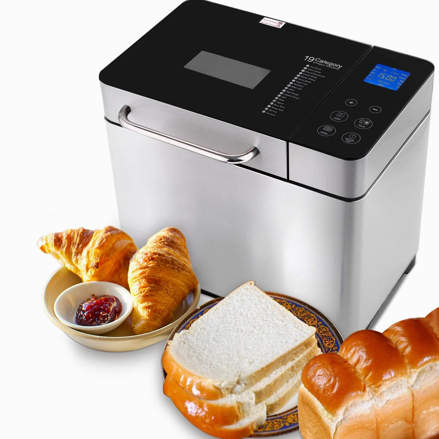 Meykey, macchina per il pane in acciaio inox, 19 programmi di cottura completamente automatica per 500 g, 750 g, 1000 g, timer di ritardo di 15 ore, finestra di visualizzazione, funzione di