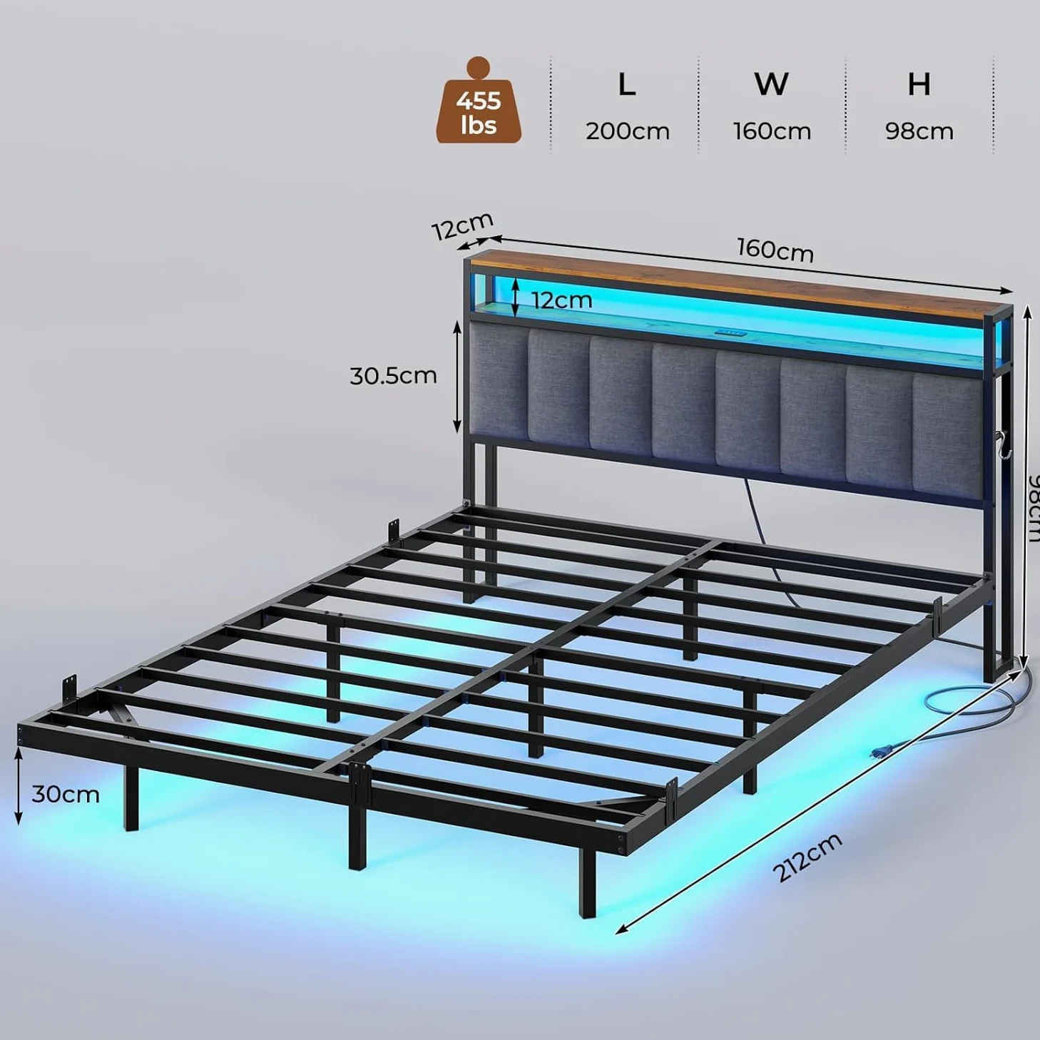 AOGLLATI Letto Matrimoniale, Letto 160x200 cm con Illuminazione a LED e Stazione di Ricarica, Struttura Letto con Testiera Imbottita, Effetto Visivo Levitante, Stile Minimalista, Grigio Scuro