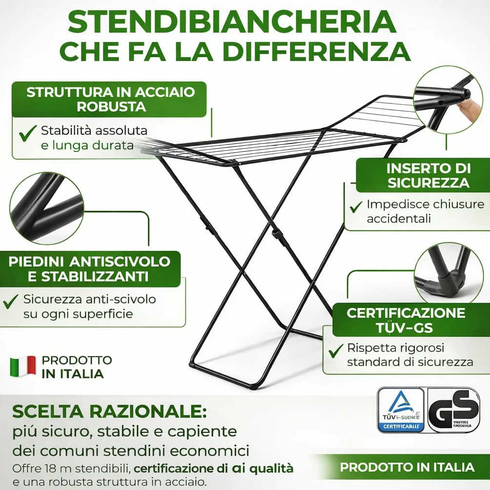 AGRICOLA GIRALDI Stendibiancheria da Pavimento, 18 METRI DI STENDITURA, in Acciaio - Stendino Pieghevole con Piedini Antiscivolo, Sistema Anti-Chiusura, Certificato TÜV-GS, Made in Italy, BLACK