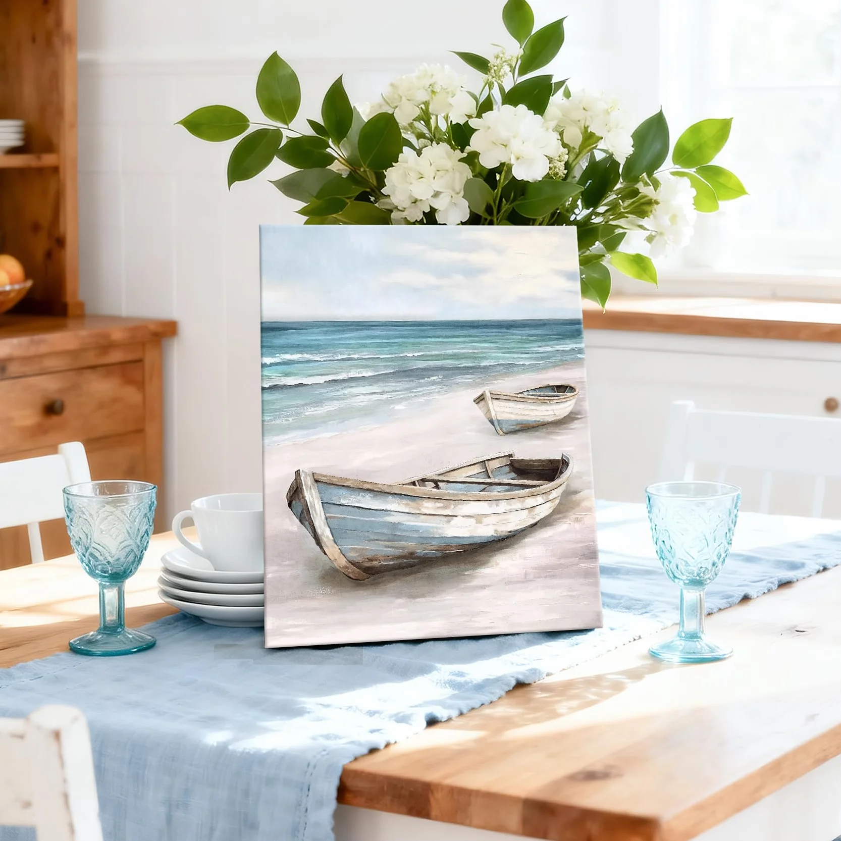 Barca Blu Bianco Mare Quadri Moderni Stampa su Tela Cornice Spiaggia Costiera Pittura Quadretti Parete 30x40cm
