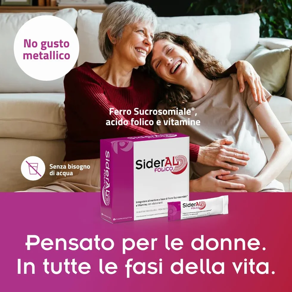 SiderAL Folico, Integratore alimentare con Ferro Sucrosomiale®, Quatrefolic®, Vitamine D3 e B12 Sucrosomiali®, Donne in Gravidanza, Allattamento, Ciclo mestruale, 20 bustine orosolubili, Pharmanutra