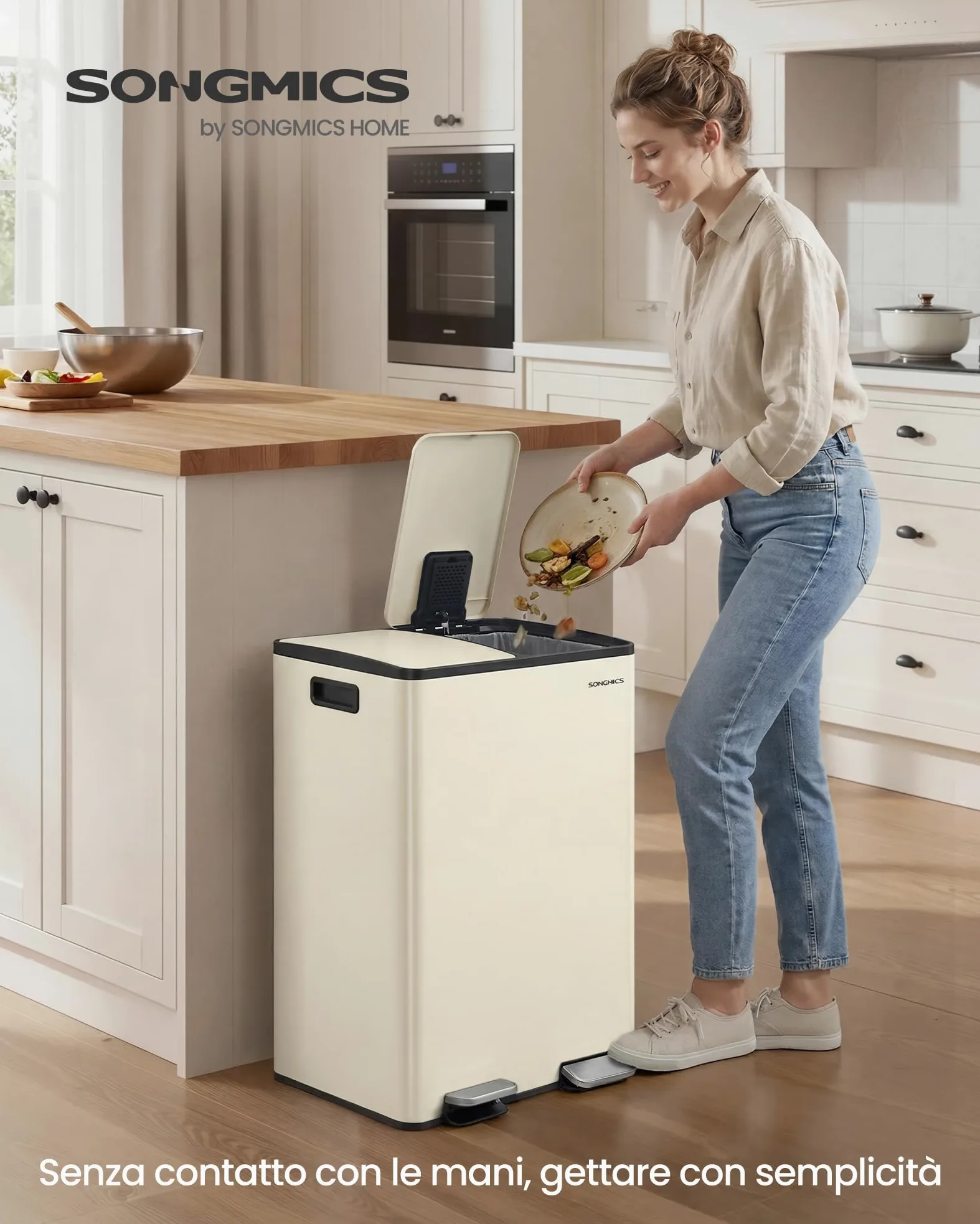 SONGMICS Cestino da Cucina, 2 x 30 L, 2 Scomparti, Pattumiera a Pedale con Coperchio a Chiusura Morbida e Secchio Interno, Acciaio, 15 Sacchi Inclusi, Color Crema LTB741AZ02