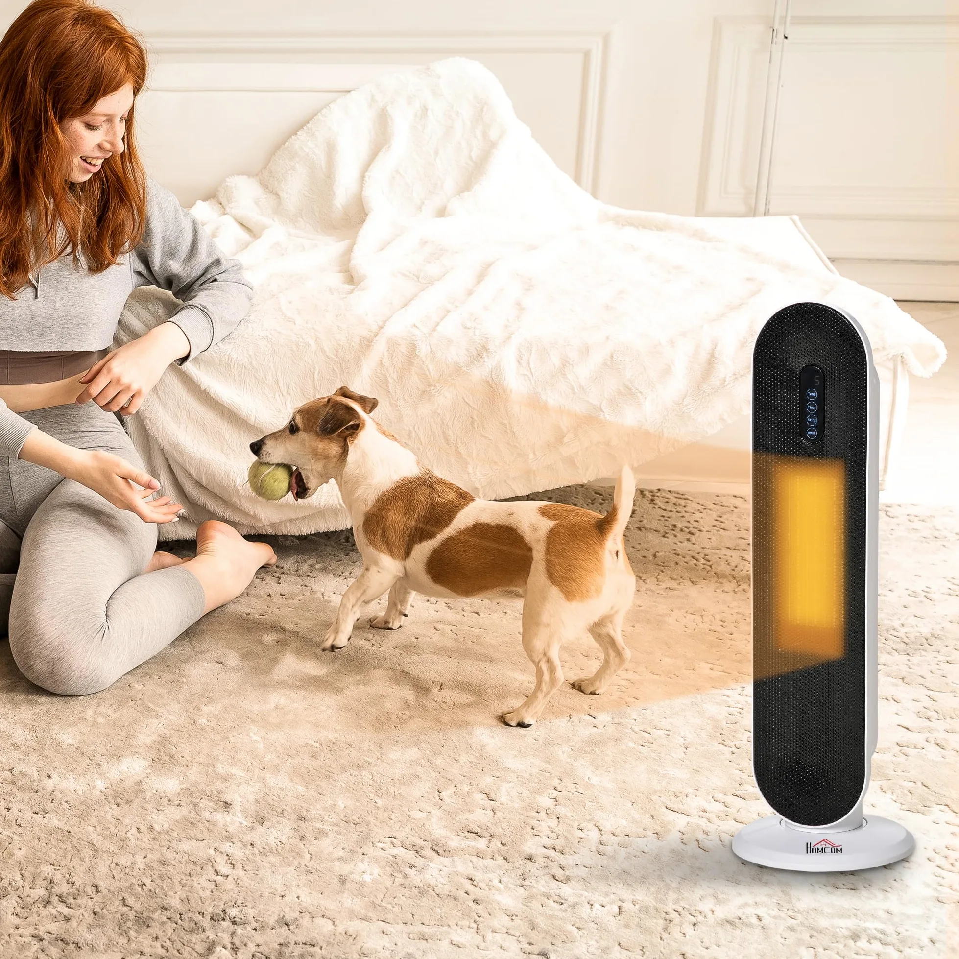 HOMCOM Stufa Elettrica Oscillante con Timer 21x21x63.5 cm Bianco e Nero | Con Telecomando, 2 Modalità, Stufetta Elettrica Basso Consumo in PTC, Protezione da Surriscaldamento e Antiribaltamento