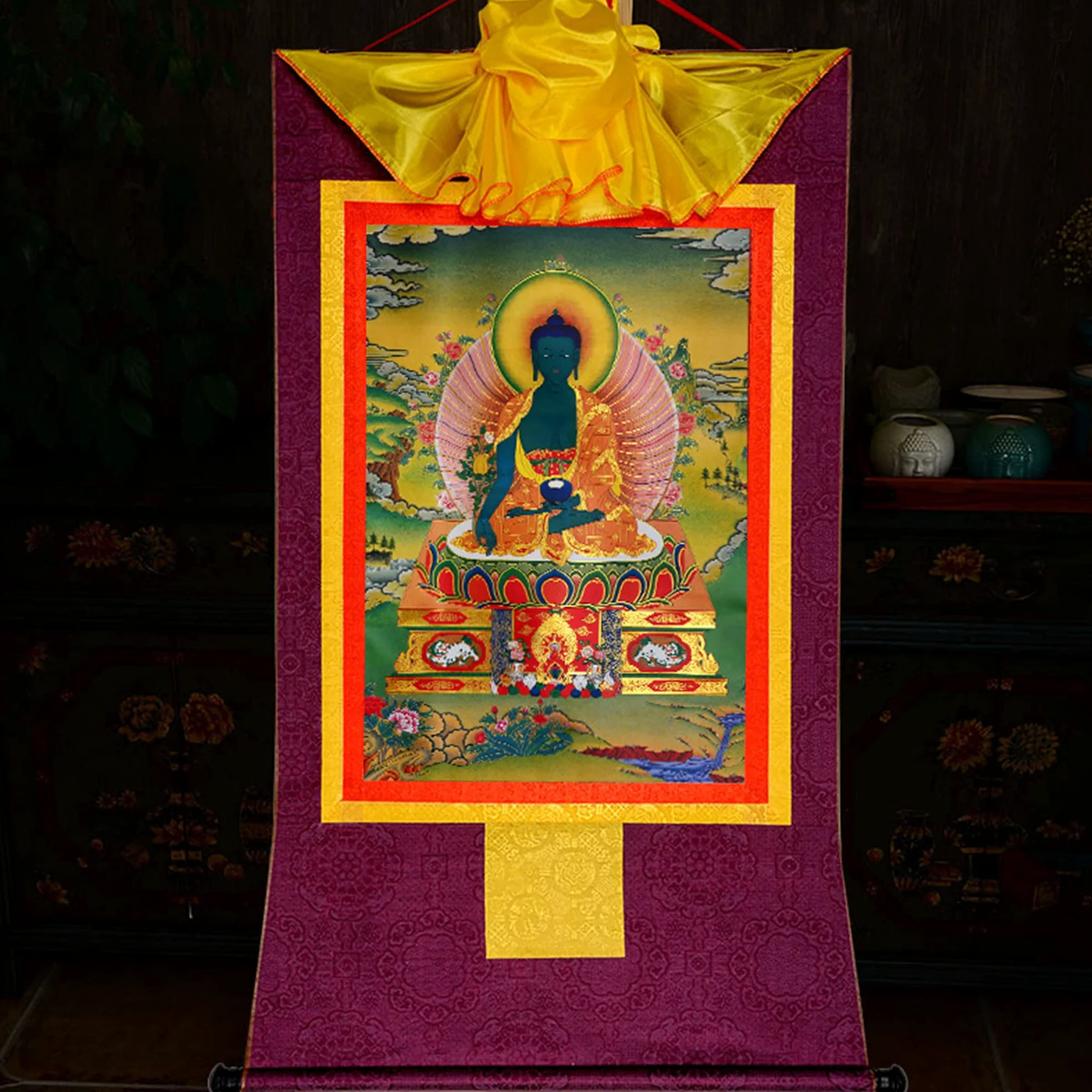 Thangka tibetano, pittura thangka, arazzo buddista, buddismo tibetano tantrico Thangka da appendere alla parete, Bhaisajyaguru, Buddha della medicina, arazzo buddista in broccato stampato a caldo for