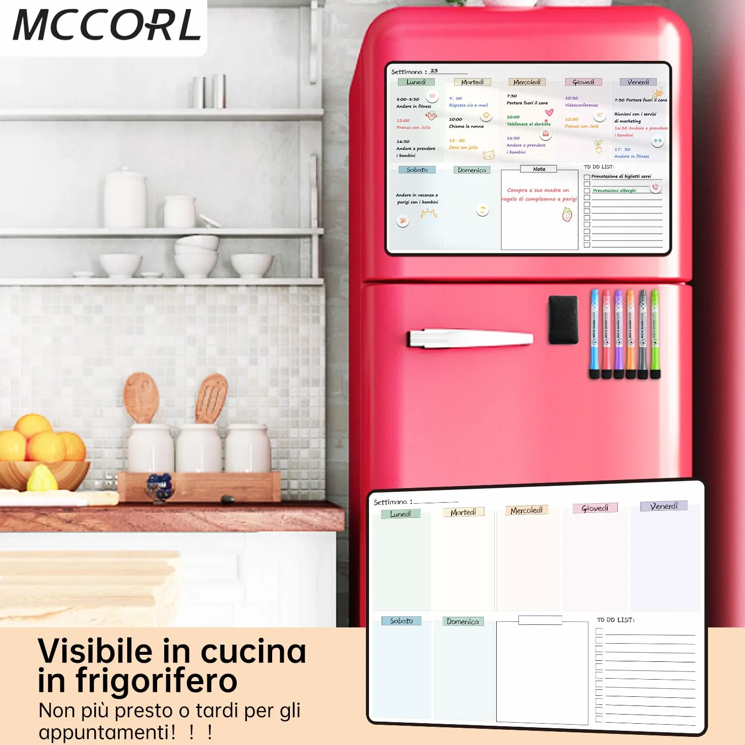 MCCORL Lavagna Settimanale Magnetica Frigo, Calendario Famiglia magnetico, To Do List,Planning Settimanale Cancellabile per Cucina 42×28cm -in italiano