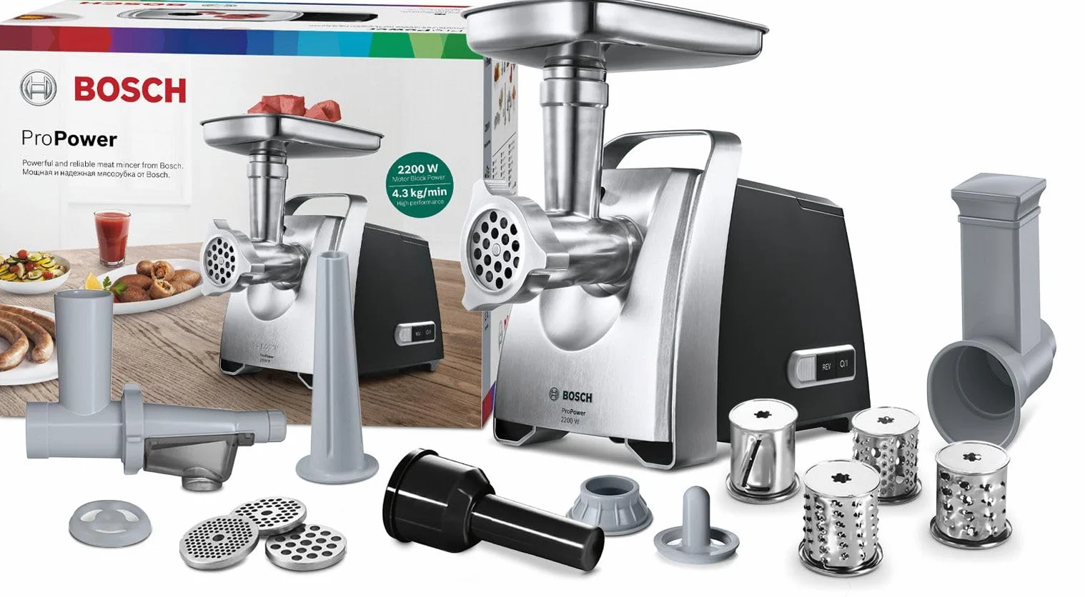 Bosch Tritacarne ProPower MFW68660, 800 W, Potenza Blocco Motore 2200W per Grandi Quantità, Grande Maneggevolezza, Funzione Reverse, Tanti Accessori Inclusi, Nero, Acciaio Inox