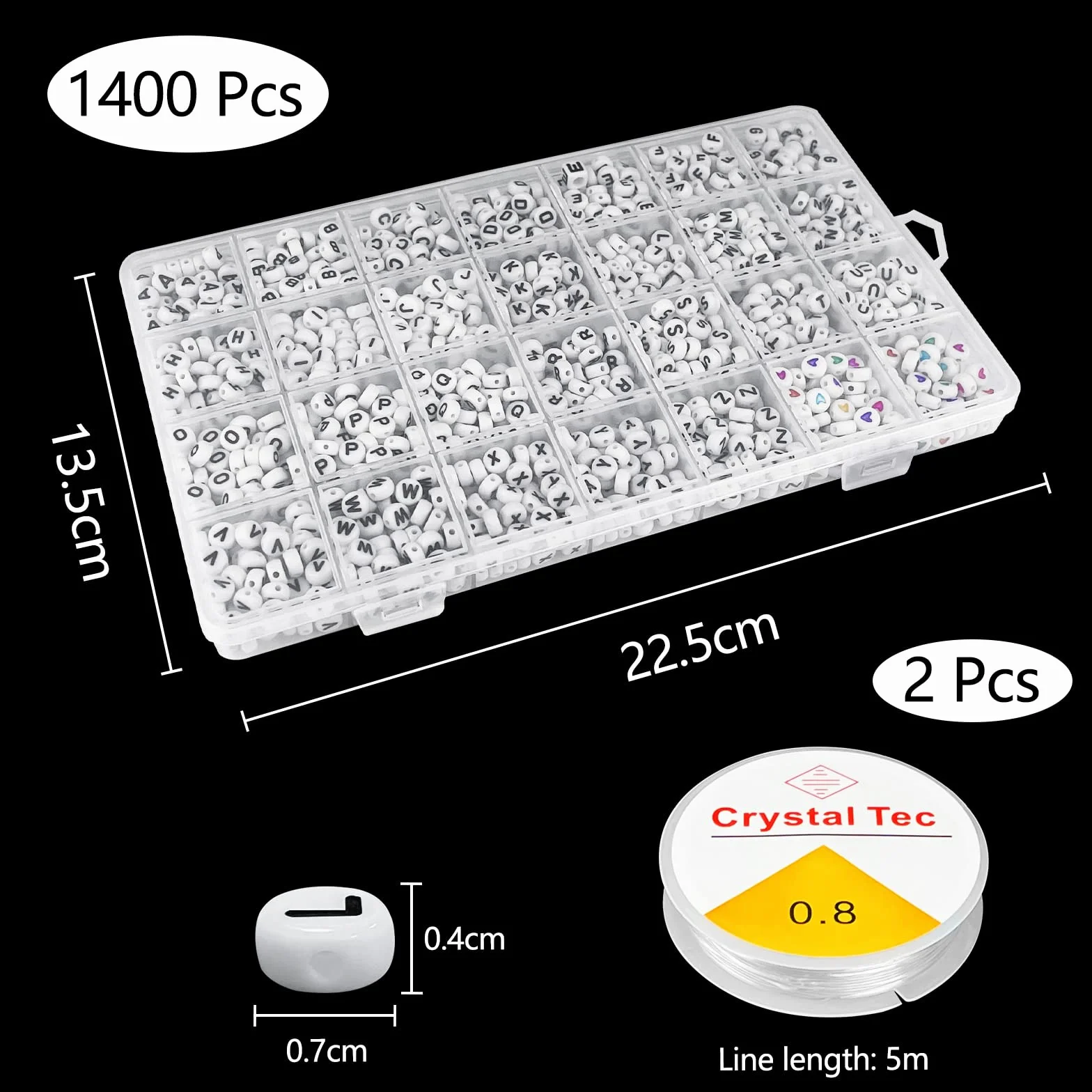 Perline per Braccialetti 1400 Pezzi 7 x 4 mm, A-Z Bianca Lettere Alfabeto Colorate Cuore Beads con 2 Elastic Thread
