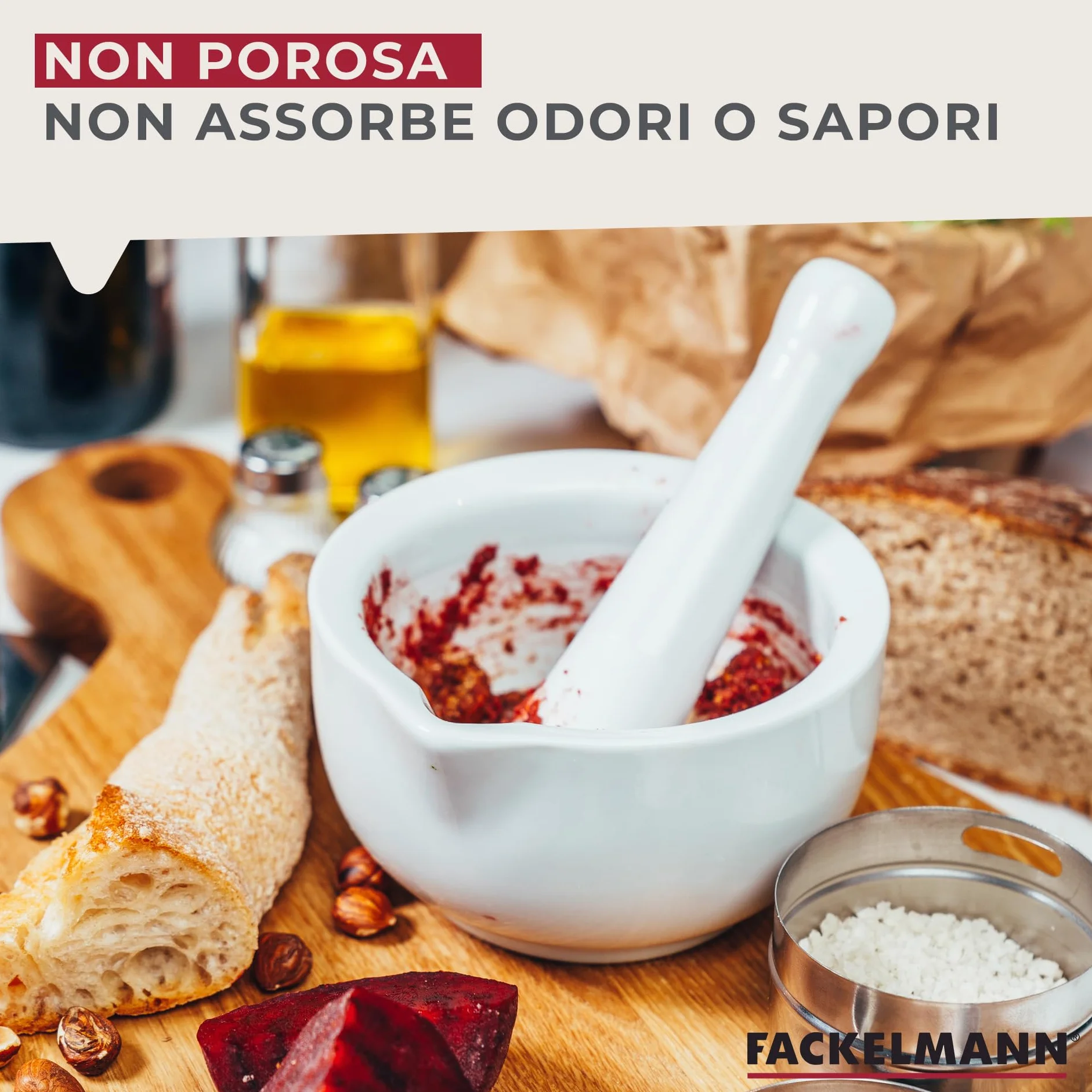 Fackelmann Pestello e Mortaio 11 cm Porcellana Ciotola in Pietra Macinino Erbe Spezie Bianco