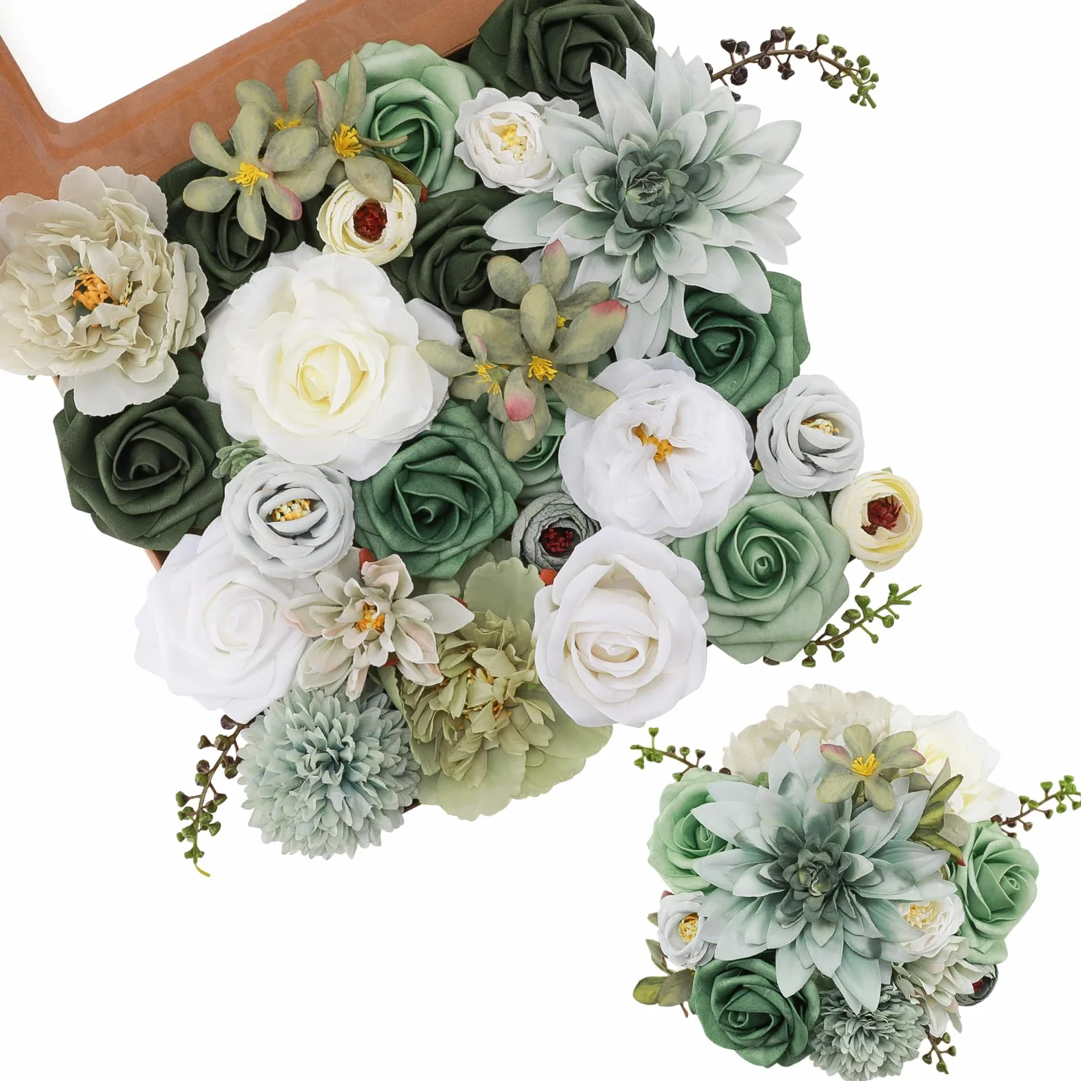 Kisflower Set di fiori artificiali verdi con steli, per bouquet da sposa fai da te, decorazioni per la casa