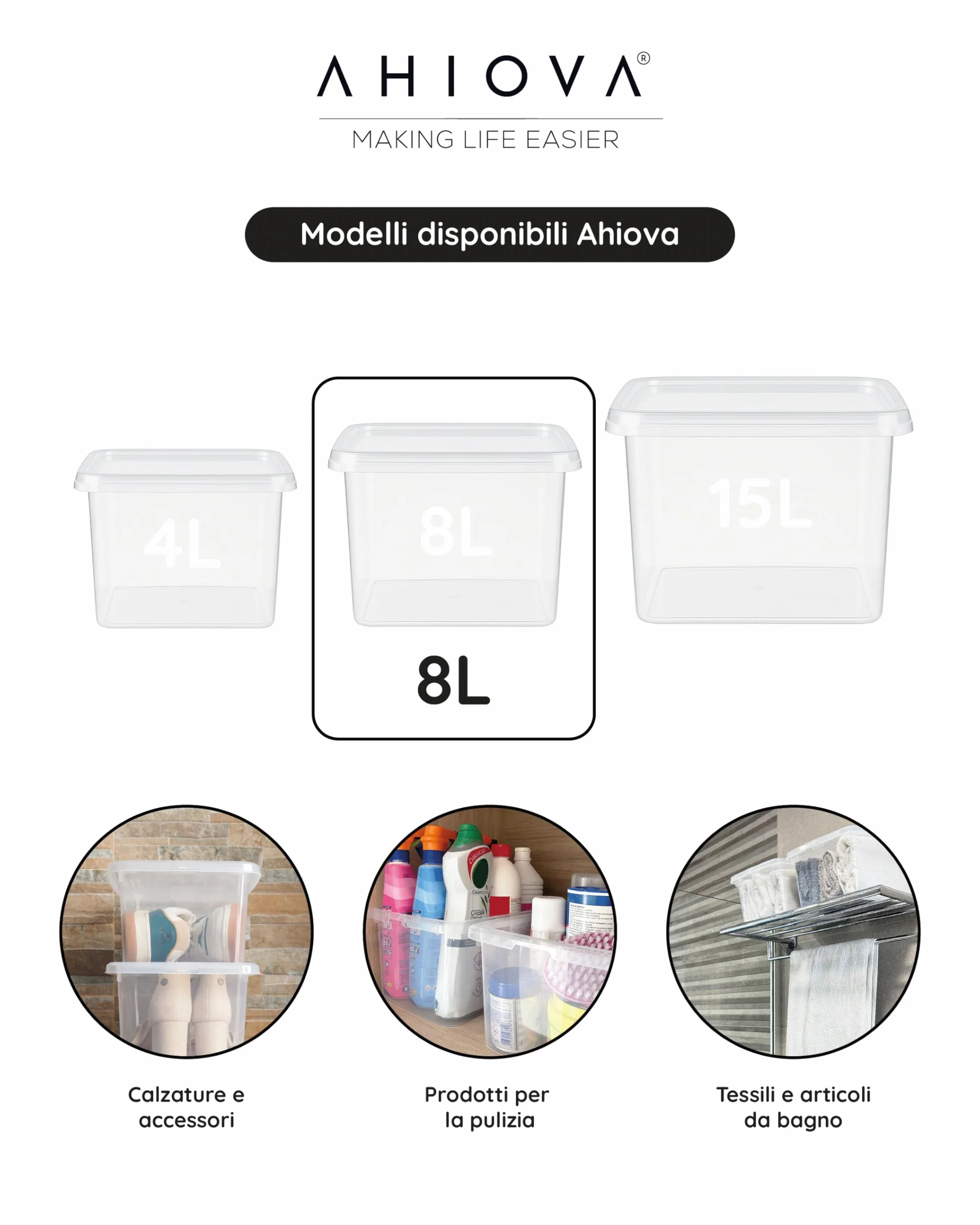 Scatole Plastica 8L con Coperchio Set 5 Portaoggetti Impilabili Trasparenti 33x24x15,5cm Bagno Garage Ufficio