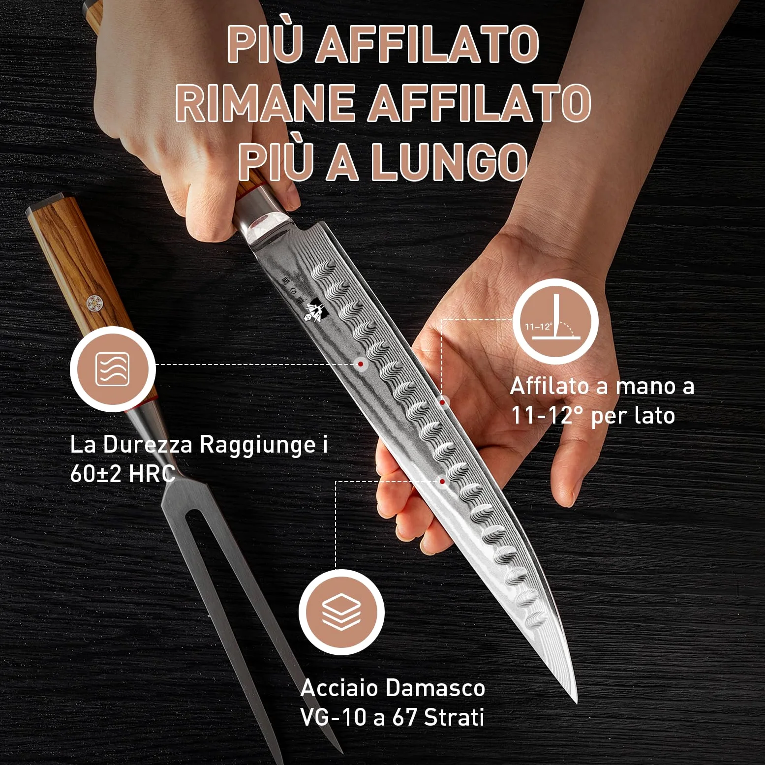 Set di Coltelli da Intaglio e Forchetta, 67 Strati VG10 Acciaio al Carbonio Alto Coltello da Carne 22,5CM, Coltello e Forchettone per Carne con Manico in Legno d'Ulivo, 2 pezzi