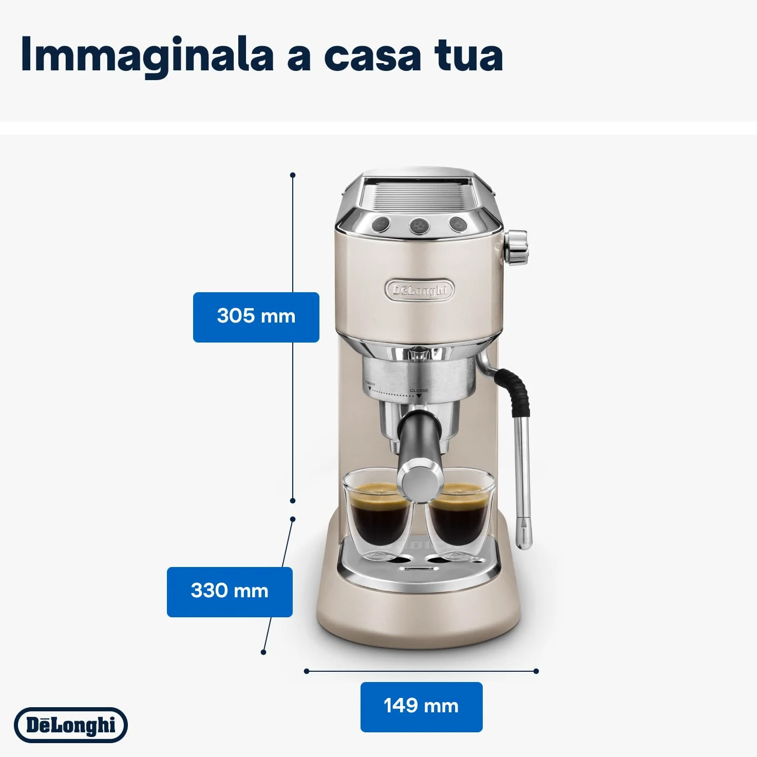 De'Longhi Dedica Arte EC885.​BG, Macchina manuale da Caffè Espresso e Cappuccino, Lancia vapore professionale, Caffè in Polvere o in Cialde E.S.E., Riscaldamento 40sec, Filtro Singolo e Doppio, Beige