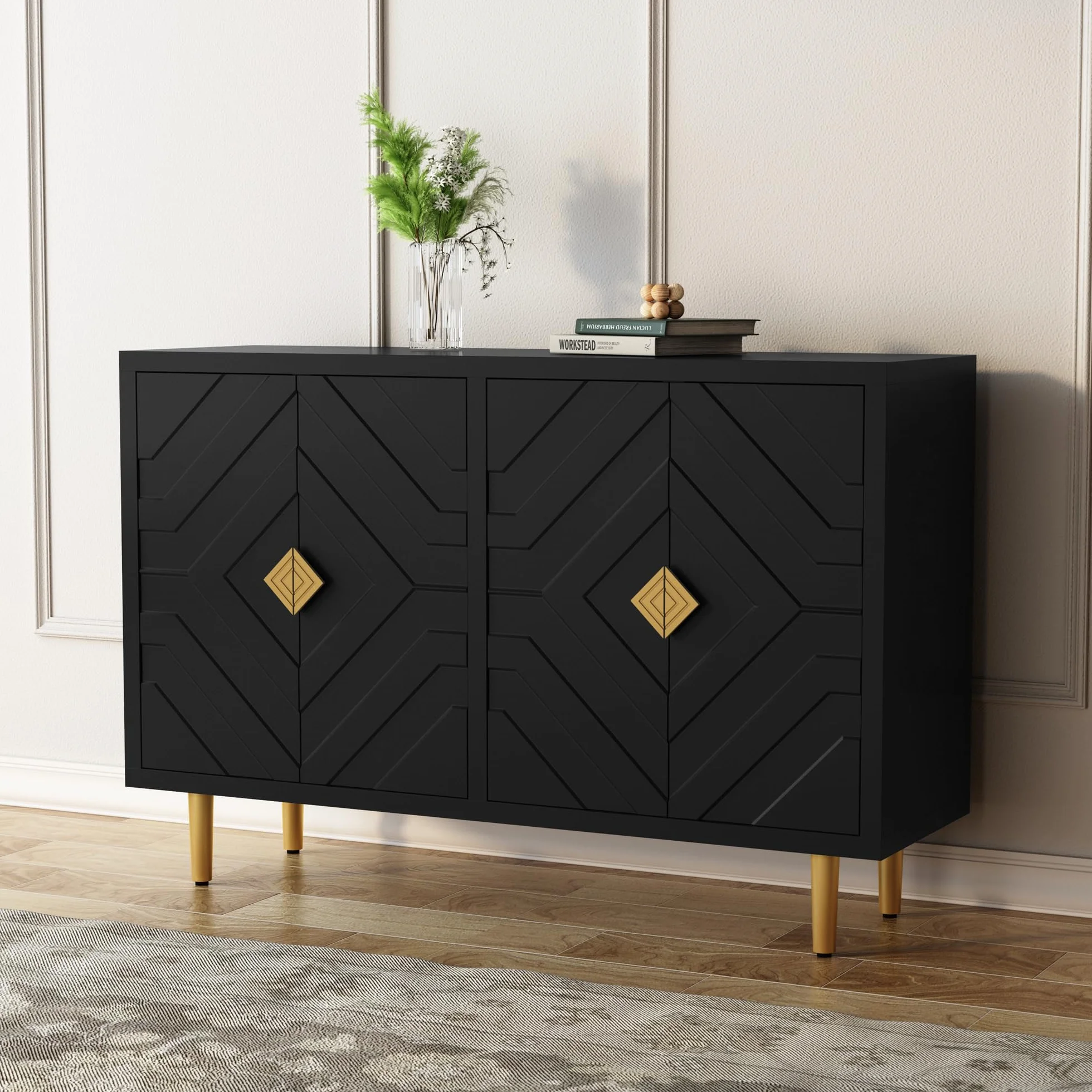 HOLTICO Credenza Moderna con 4 Ante, Armadietto con Design a Rilievo Geometrico, Mobile Multifunzione per Soggiorno, Cucina e Camera da Letto, 4 Colorazioni Esclusive, Nero Scuro