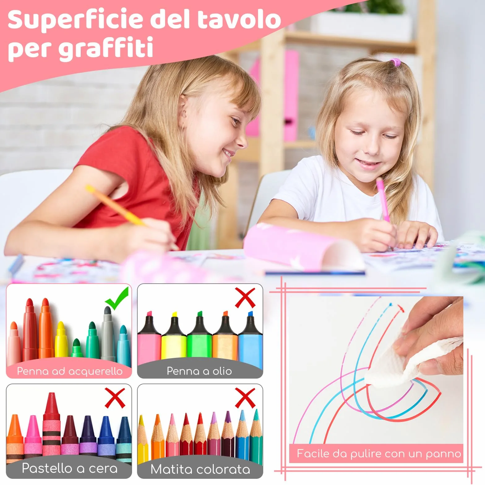 COSTWAY Set Tavolo e 4 Seide per Bambini, Scrivania Regolabile in Altezza con Piano Graffiti, Gambe Antiscivolo, Mobile Multifuzione con 4 Posti per Cameretta, Asilo e Scuola (Rosa)