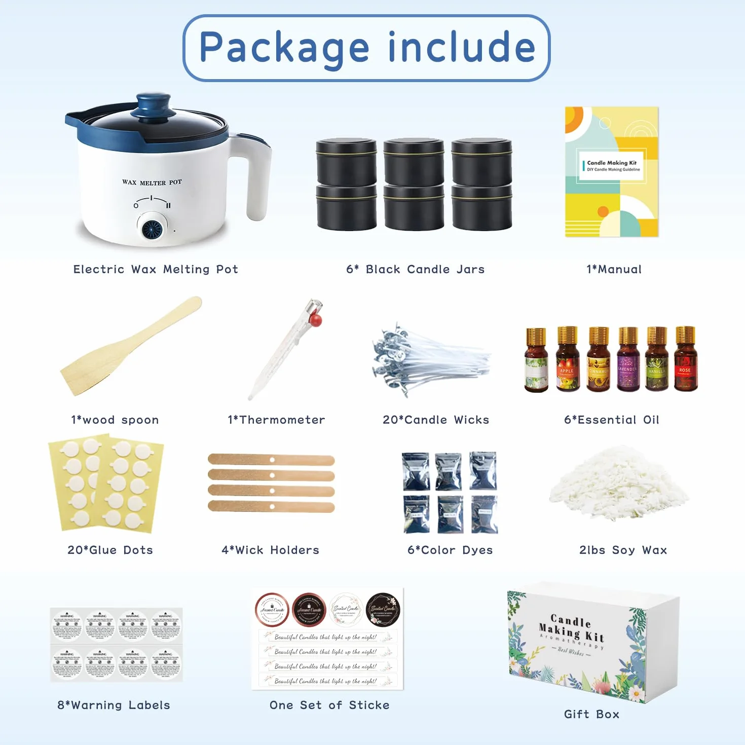 Kit di fabbricazione candele di soia con fonditore di cera elettrico per principianti, 2 libbre cera soia, stoppini, profumi, coloranti, barattoli