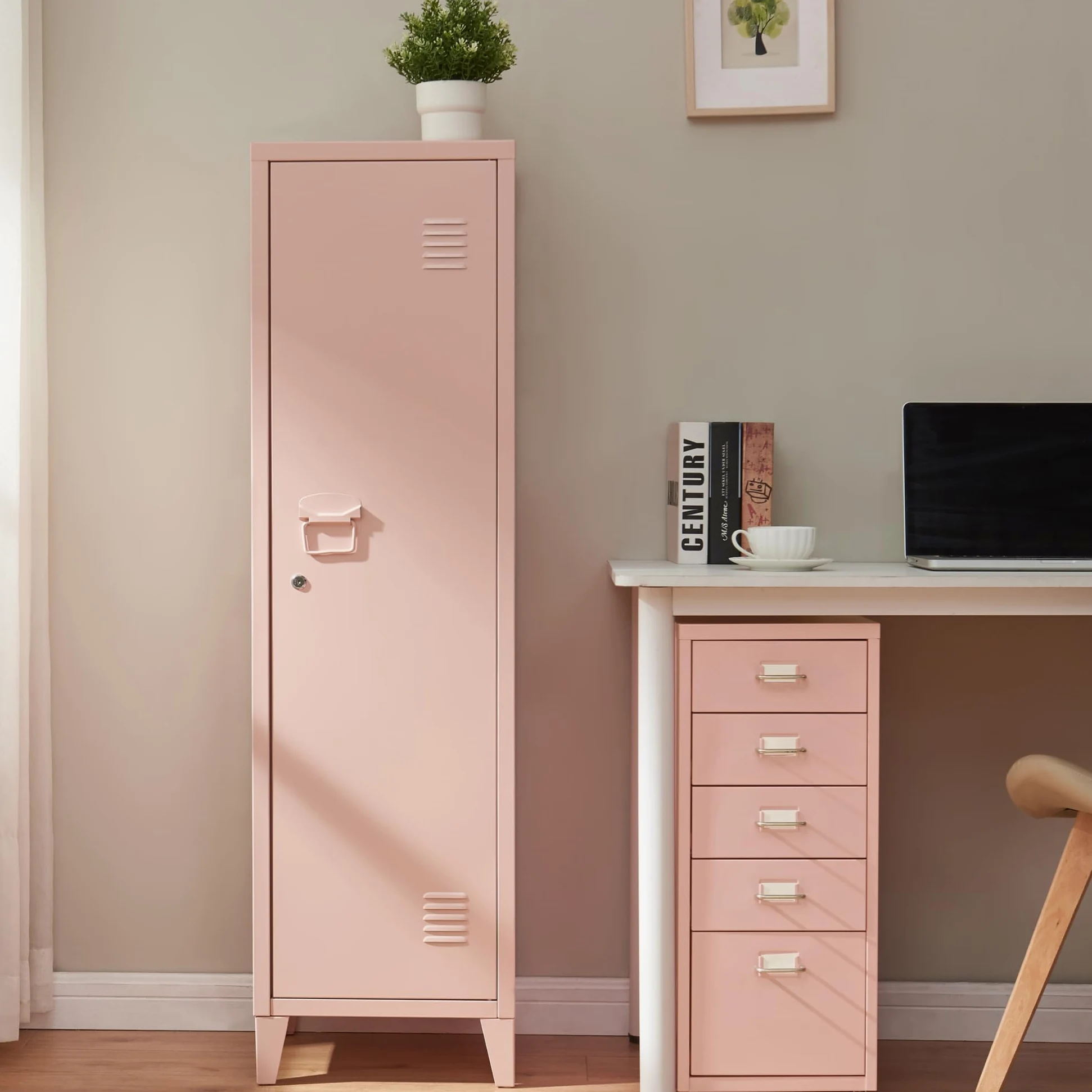 [en.casa] Armadio da Ufficio con Anta e Serratura Mobile in Acciaio per Archivio con 3 Scomparti Armadio da Spogliatoio 137 x 38 x 38 cm Beige Pesca