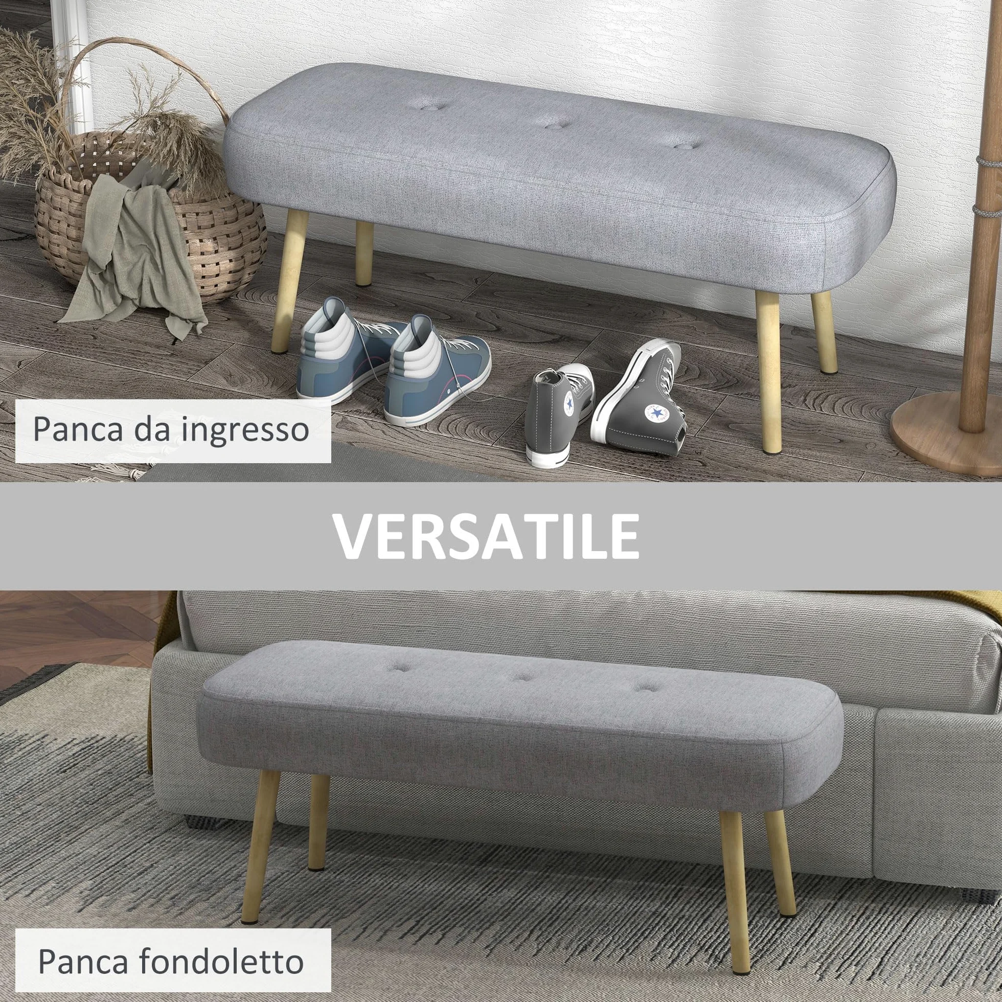 HOMCOM Panca Imbottita Fondo Letto in Tessuto con Gambe in Acciaio Effetto Legno, Panca per Ingresso, Salotto e Camera, 114x38x45cm, Grigio