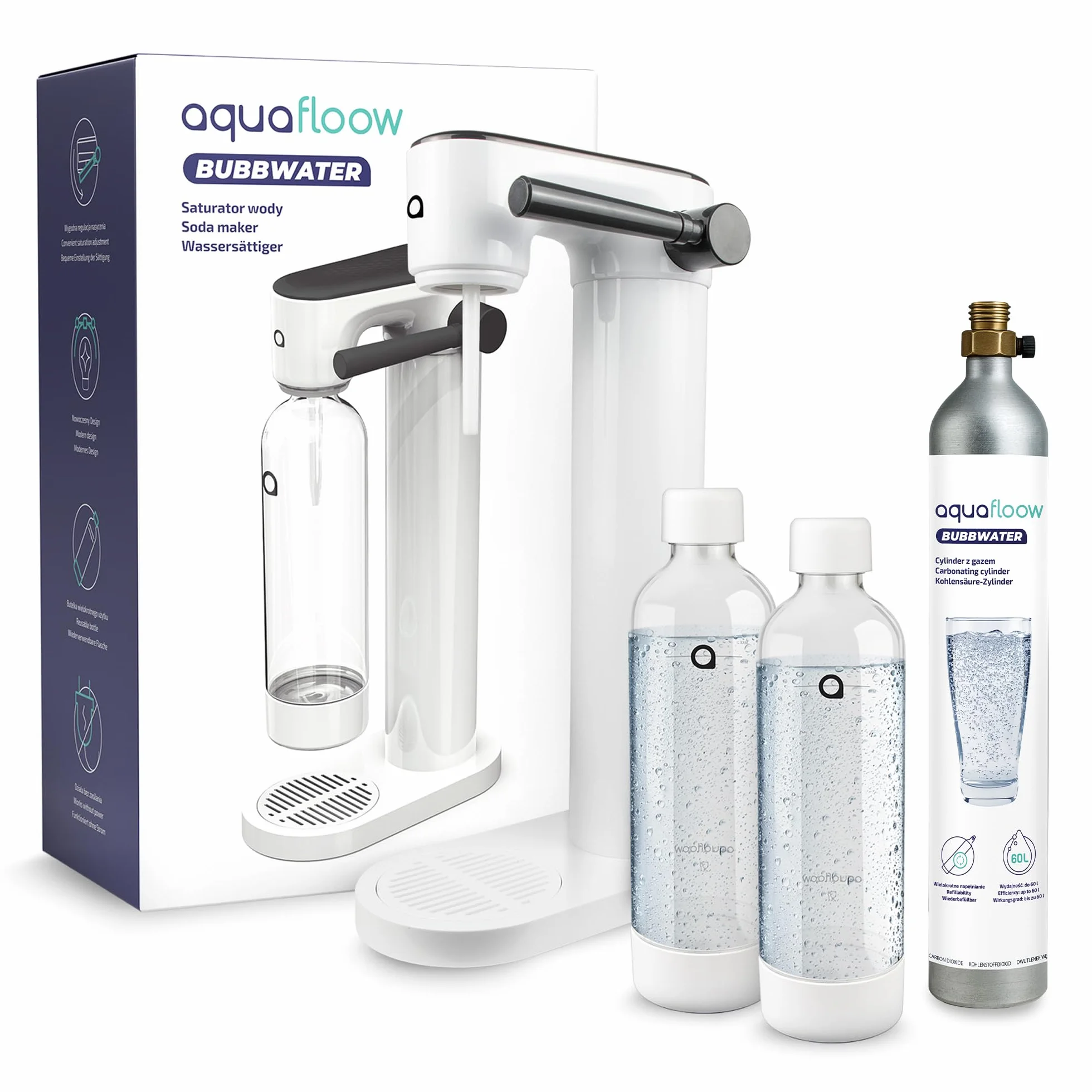Aquafloow Gasatore per Acqua con Cilindro CO2 2 Bottiglie 800 ml senza BPA – Macchina per Acqua Frizzante senza Elettricità Design Elegante