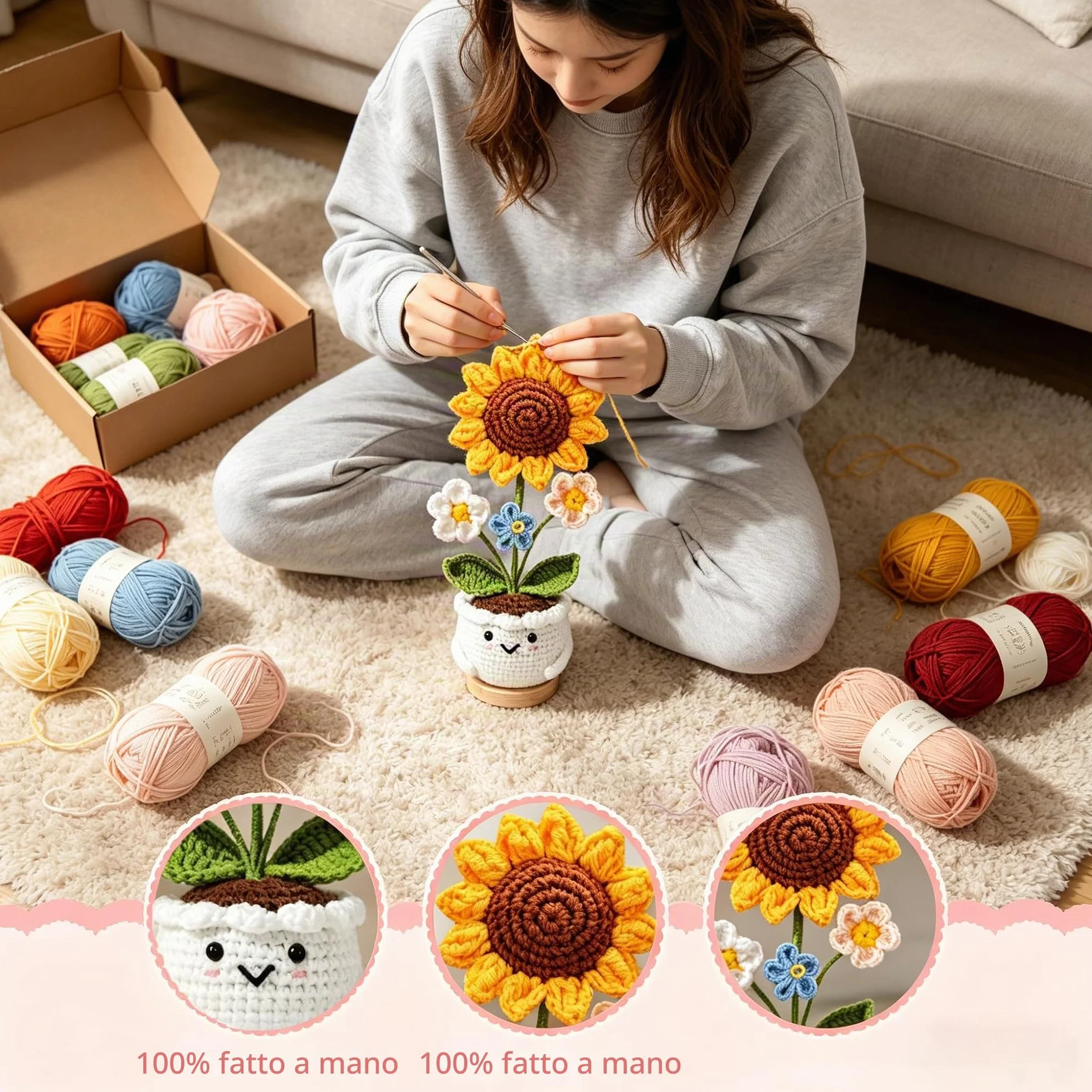 Regalo Maestra Fine Anno – 2 Girasoli all'Uncinetto con Vaso, Set Regalo Doppio Fatto a Mano