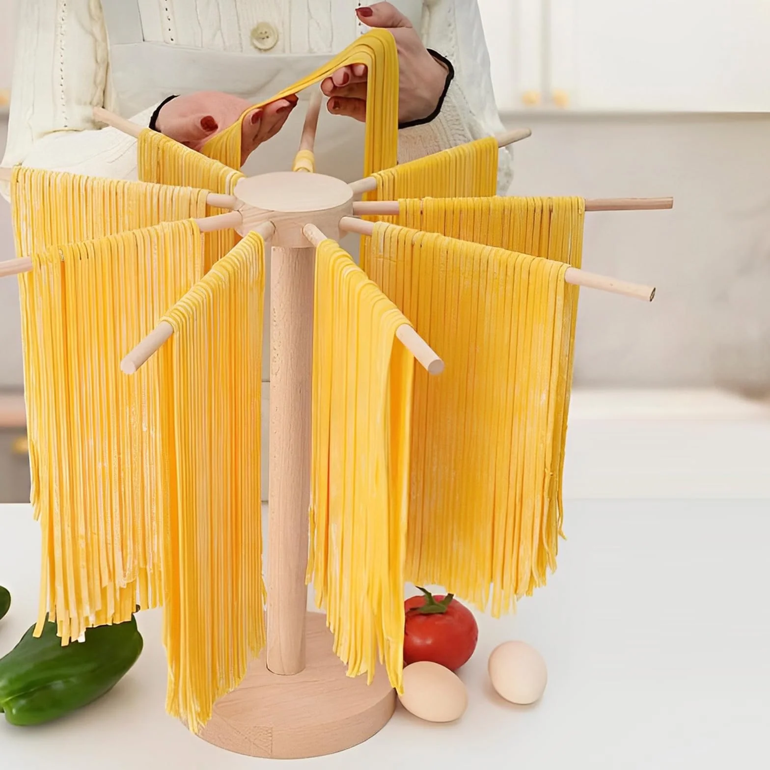 Stendipasta in legno, 46 cm x 40 cm, per pasta fino a 4,5 kg, asciugacapelli con 9 bracci rimovibili, riutilizzabili, per spaghetti (A)