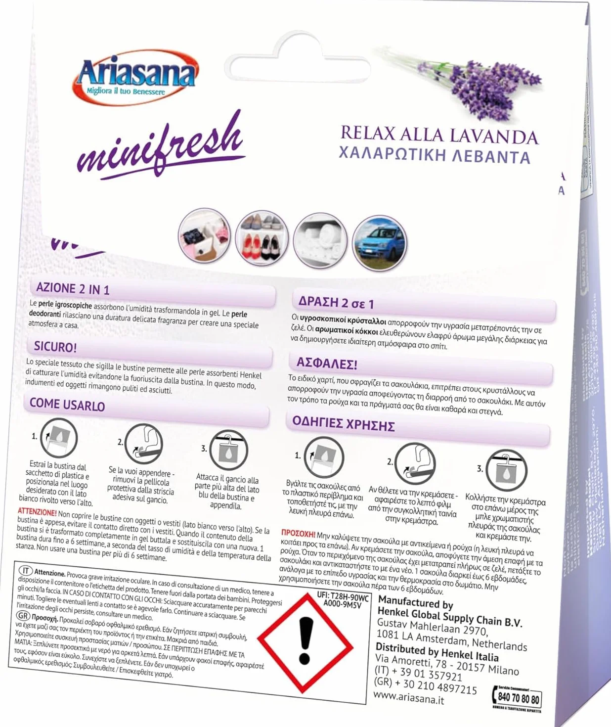 Ariasana Minifresh Relax alla Lavanda Sacchetti profumati 2in1, Sacchetti con doppia azione assorbiumidità e antiodore, Deodorante cassetti e armadi, 2 sacchetti da 50g