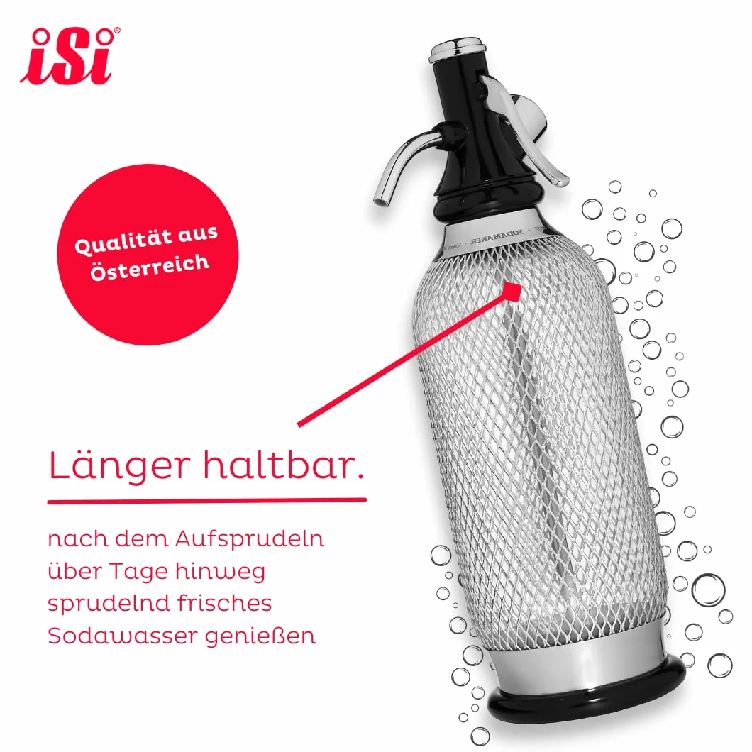 iSi Soda Maker Classic - Set regalo con 2 bicchieri e 10 capsule di soda, sifone di soda 1 l, in acciaio inox, accessori per bar per acqua frizzante