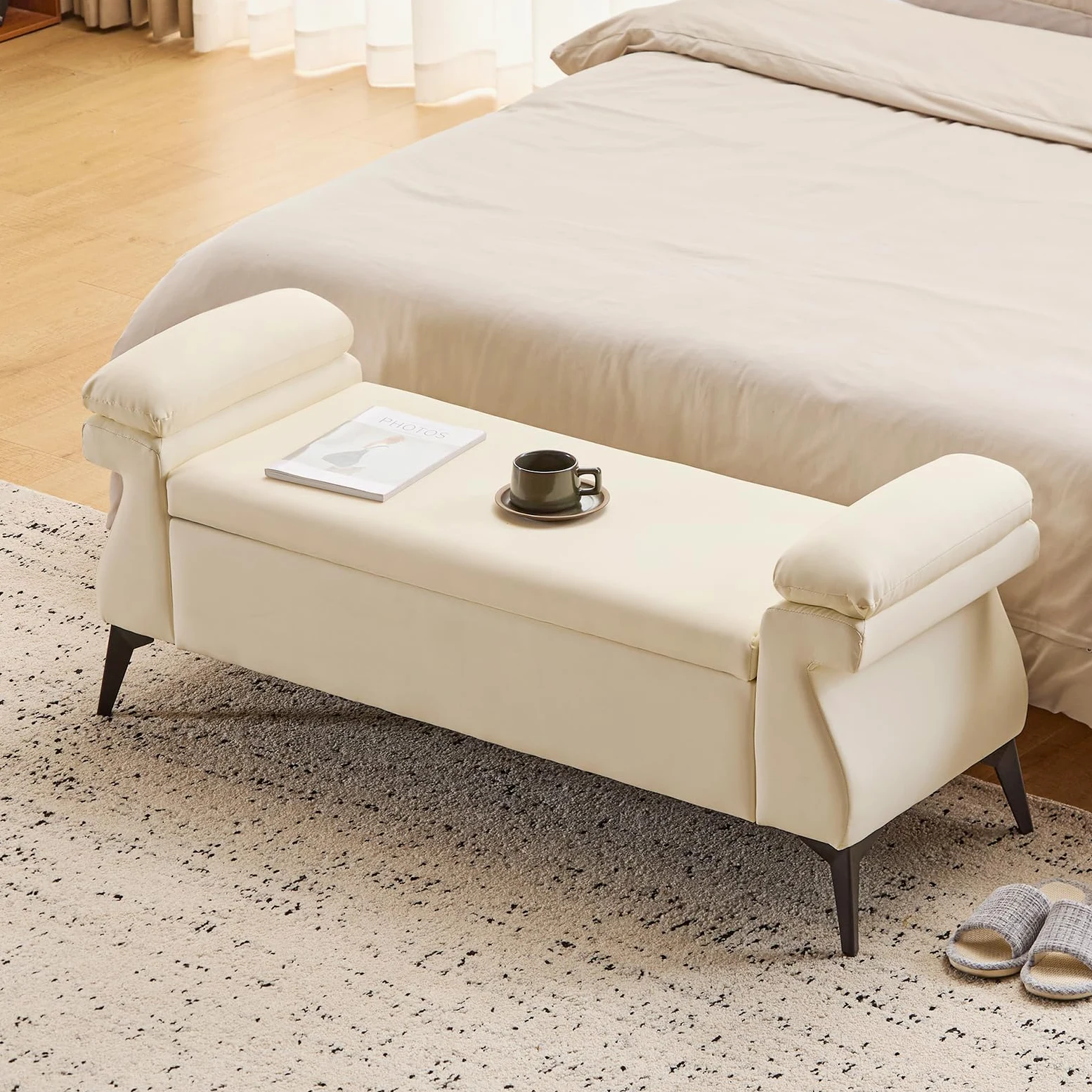 Panca Contenitore Camera da Letto 128x44x53cm, Panca Fondo Letto Matrimoniale, Cassapanca Pouf Organizzatore Ottomano in Pelle PU per Camera da Letto Soggiorno Ingresso, Beige