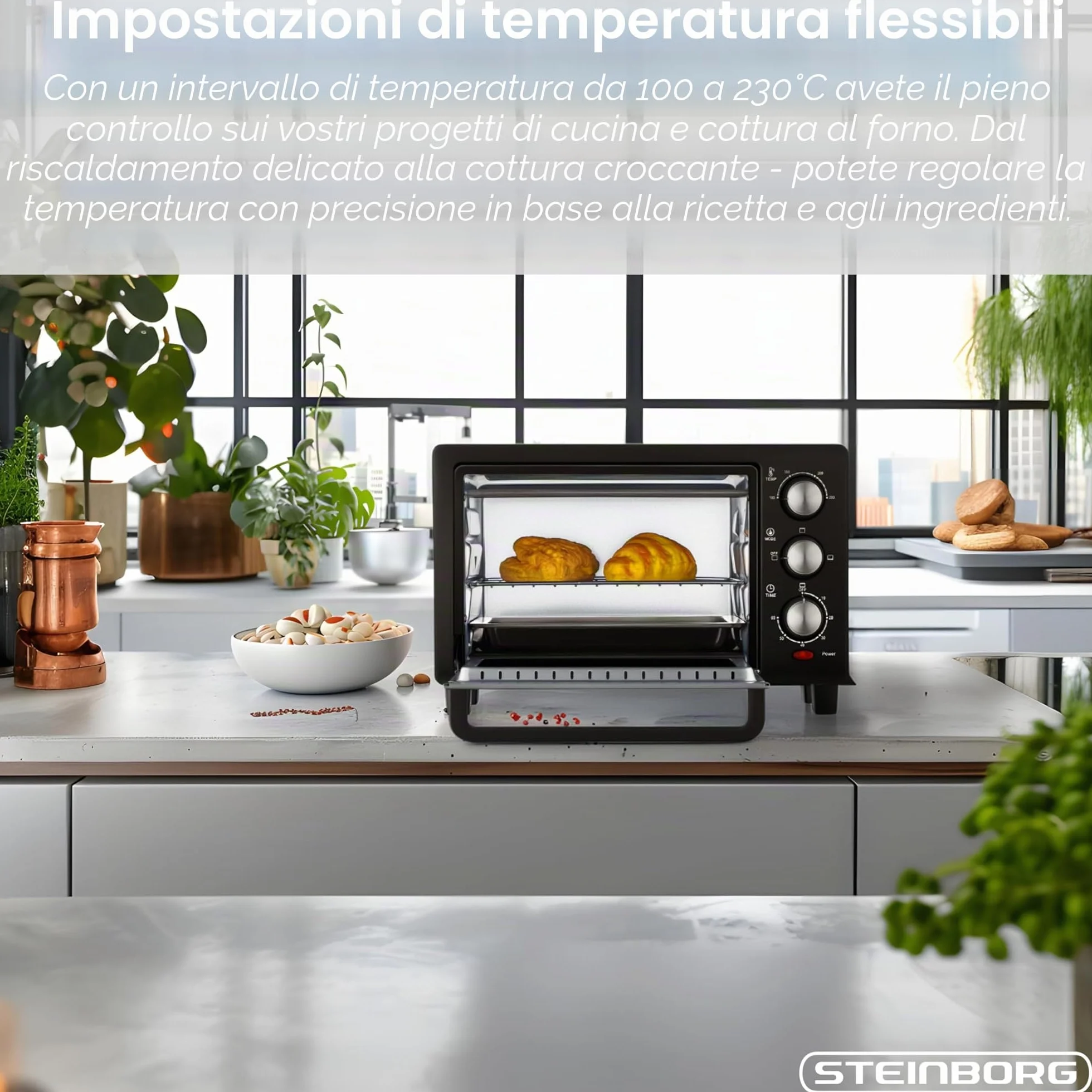 STEInBORG Mini forno 15 litri 3 in 1 forno per pizza calore superiore/inferiore 60 minuti