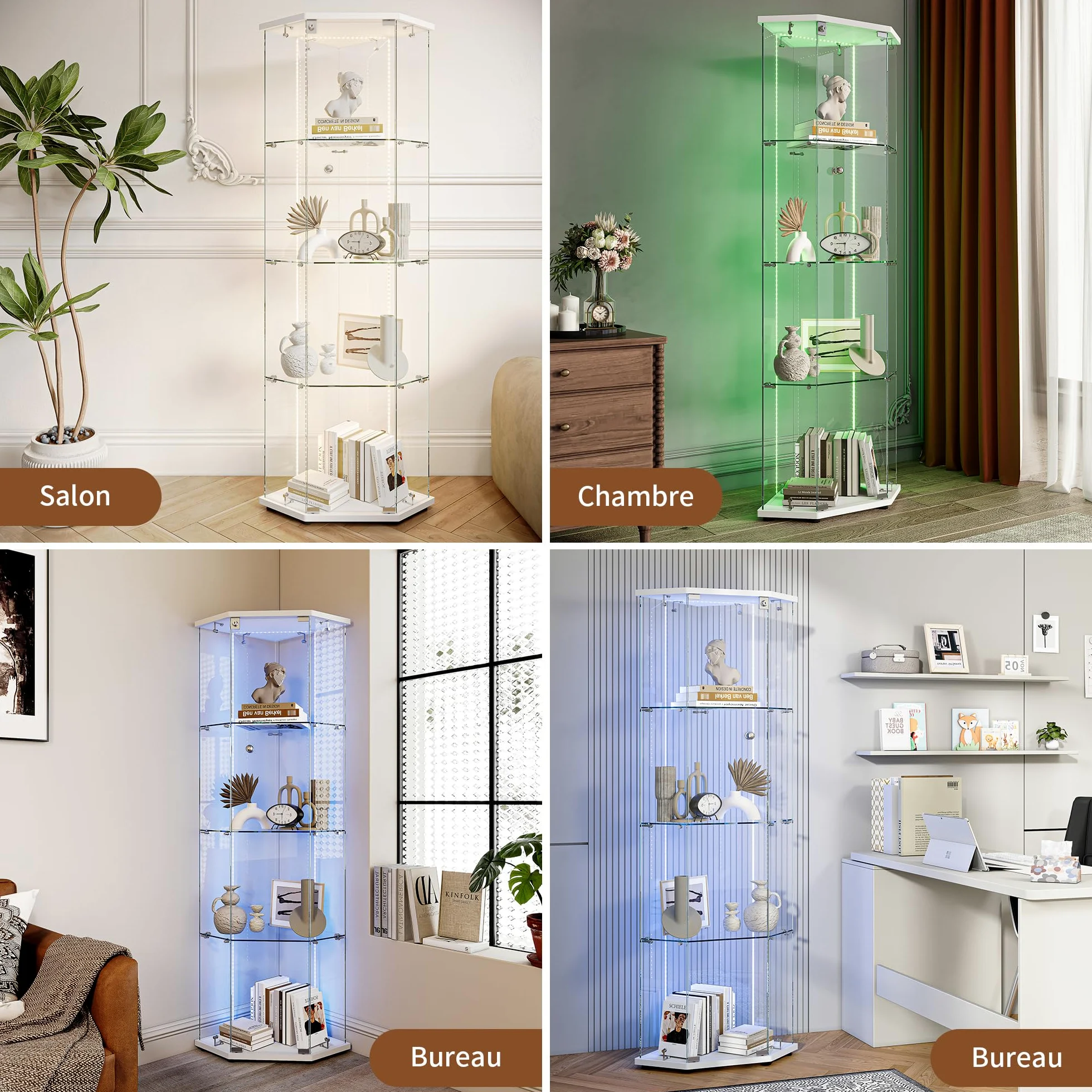 Vetrina angolare in vetro, vetrina su base in vetro LED, 4 ripiani 1 anta con porta, mobile vetrina in vetro con porta e serratura armadio vetrine a cinque angoli 162 x 60 x 35 cm (1 porta 4 strati
