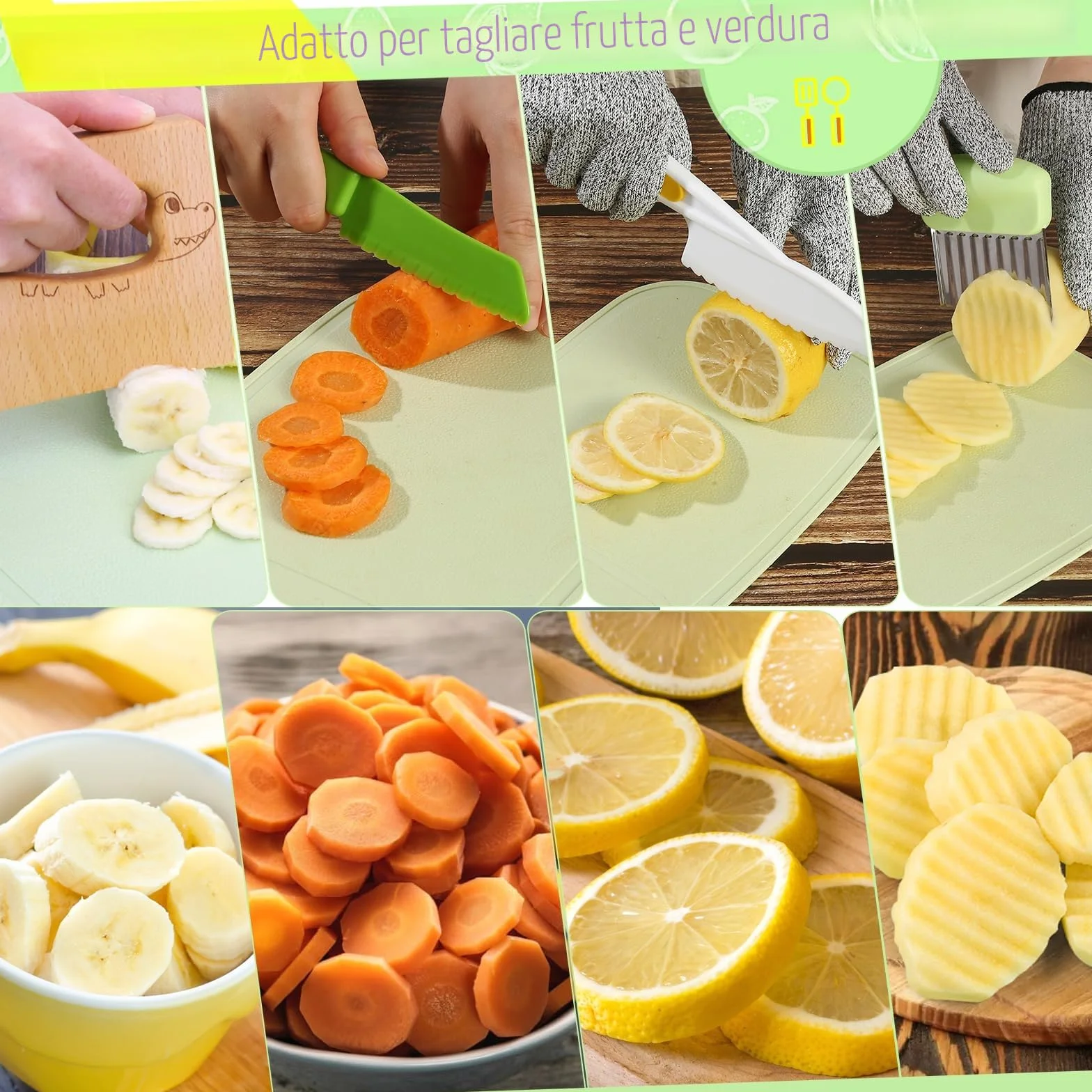 Set di 8 coltelli da cucina per bambini, per tagliare e cucinare, frutta o verdura, incluso coltello in legno, tagliere e pelapatate, coccodrillo