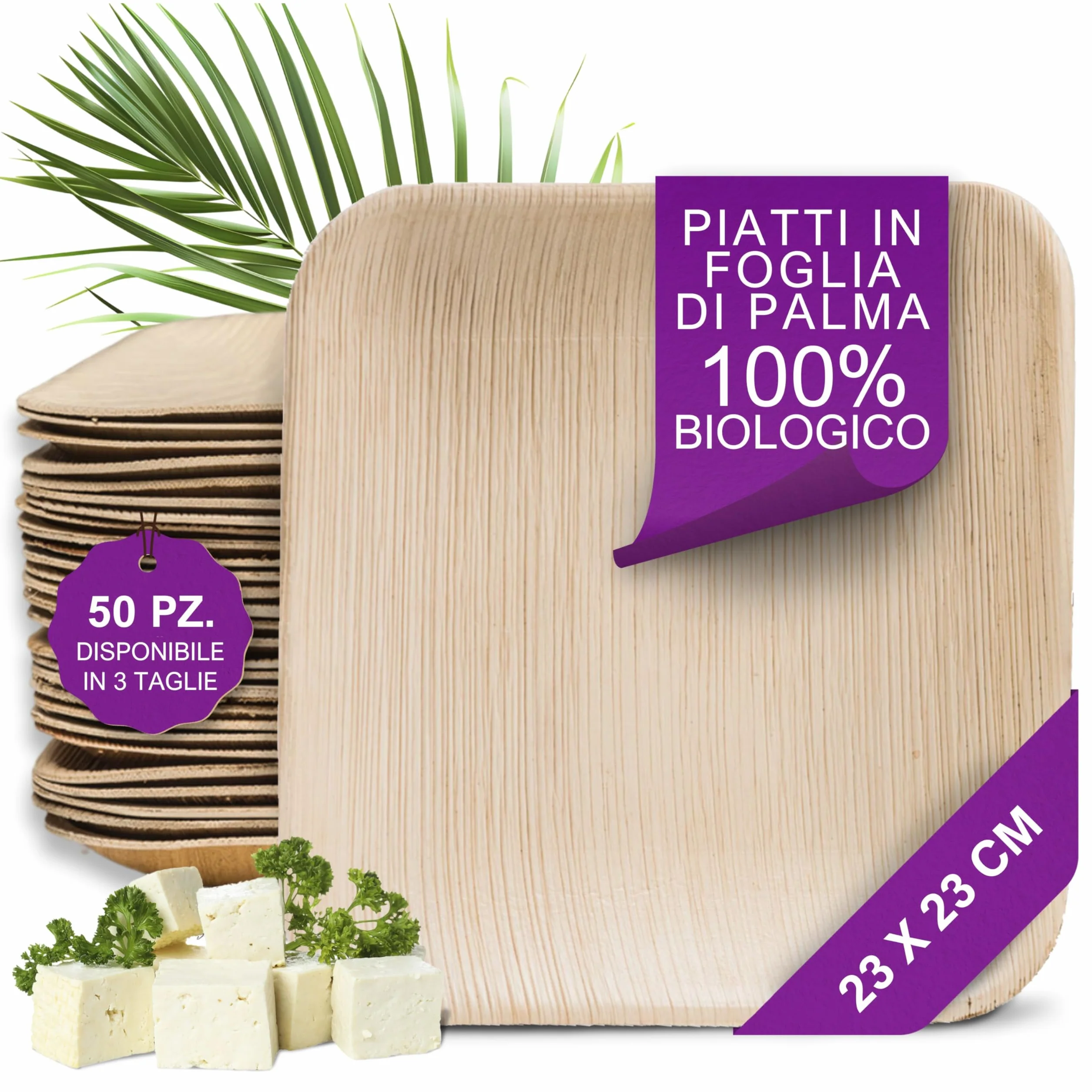 Piatti in Foglia di Palma Biologici 50 Pz Quadrati 23x23 cm Biodegradabili Compostabili