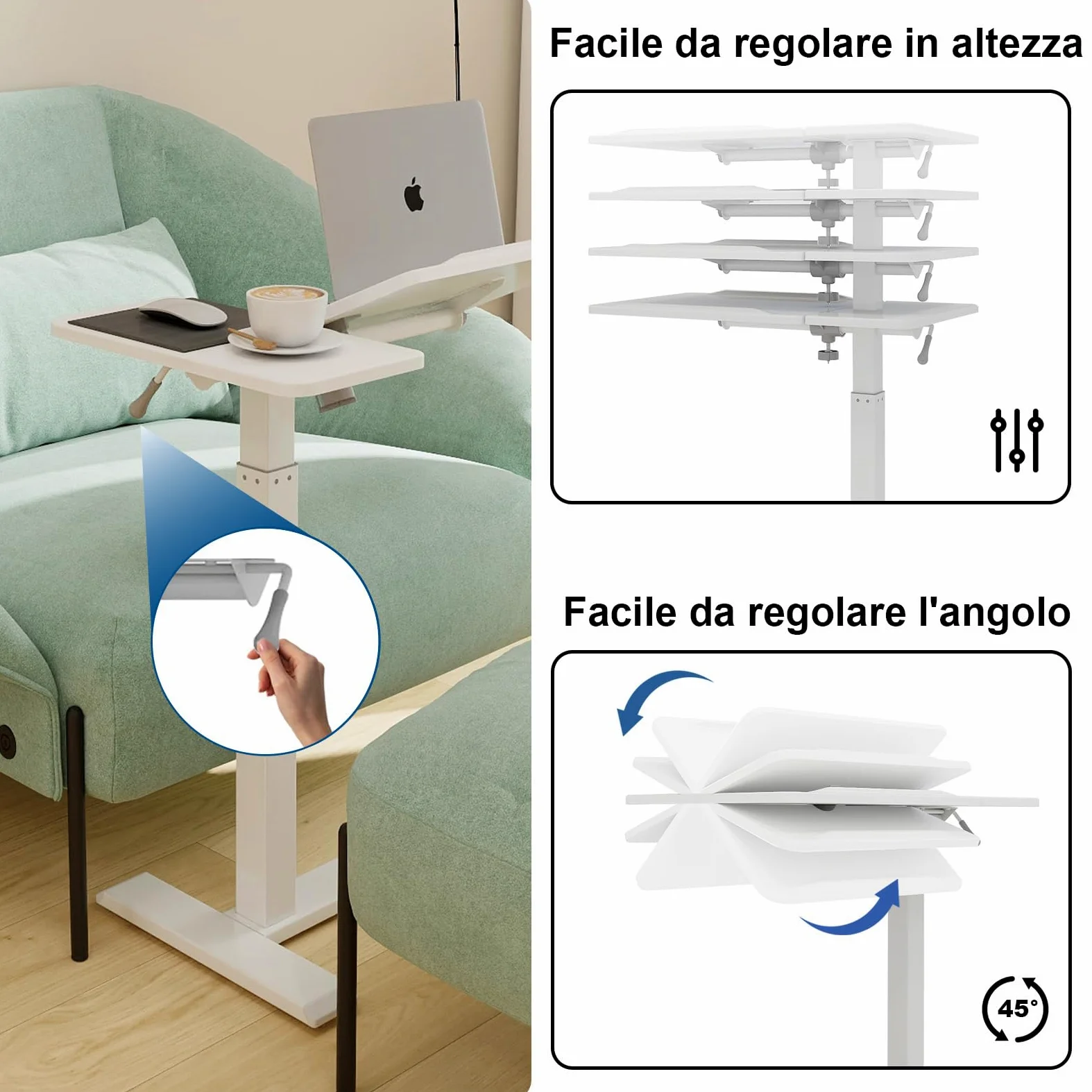 PUNCIA Tavolino da Laptop Scrivania per Computer 68x40 CM Regolabile in Altezza 70-102cm Tavolo da Letto con Ruote Tavolino Porte PC Porta Computer da Scrivania per Ufficio e Casa (Bianco)