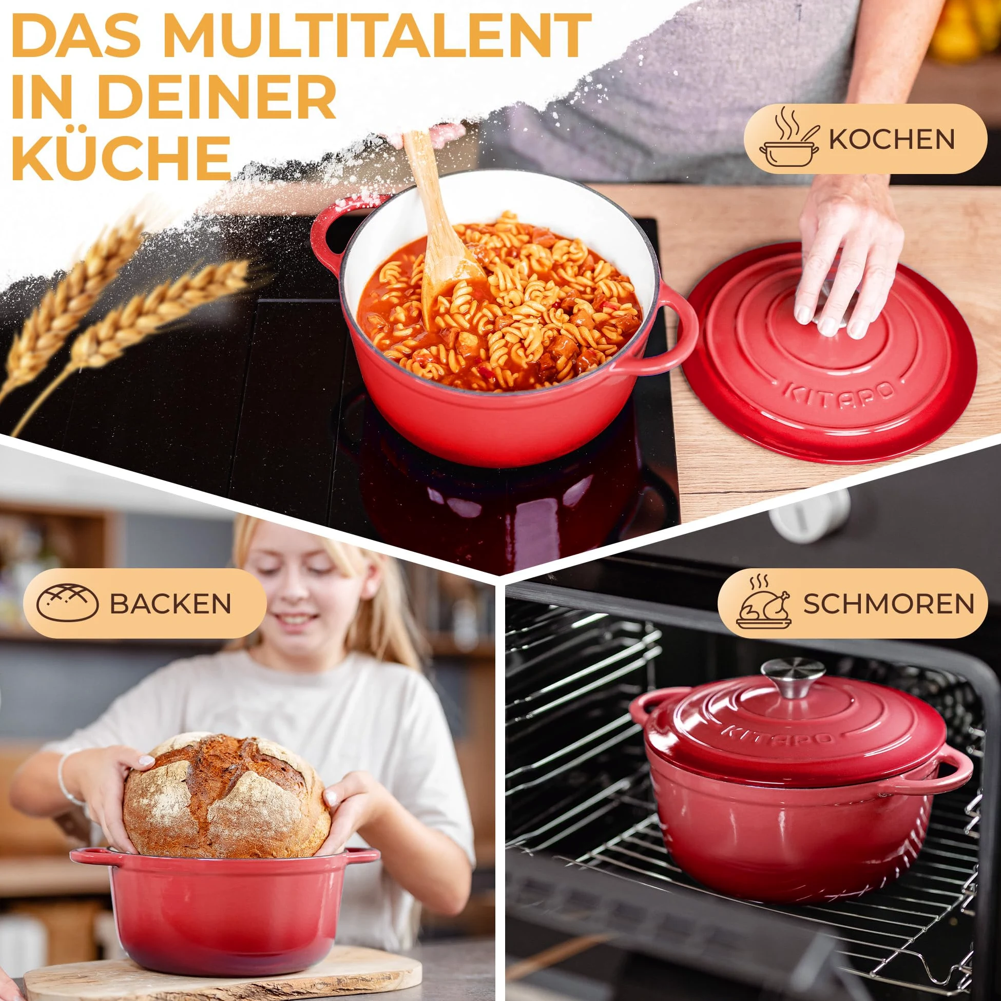 Pentola in ghisa [incl. cestino per la lievitazione + panno per impasto] – Pentola smaltata di alta qualità 24 cm – ideale per cuocere il pane in ghisa – pentola per pane in ghisa – accessorio